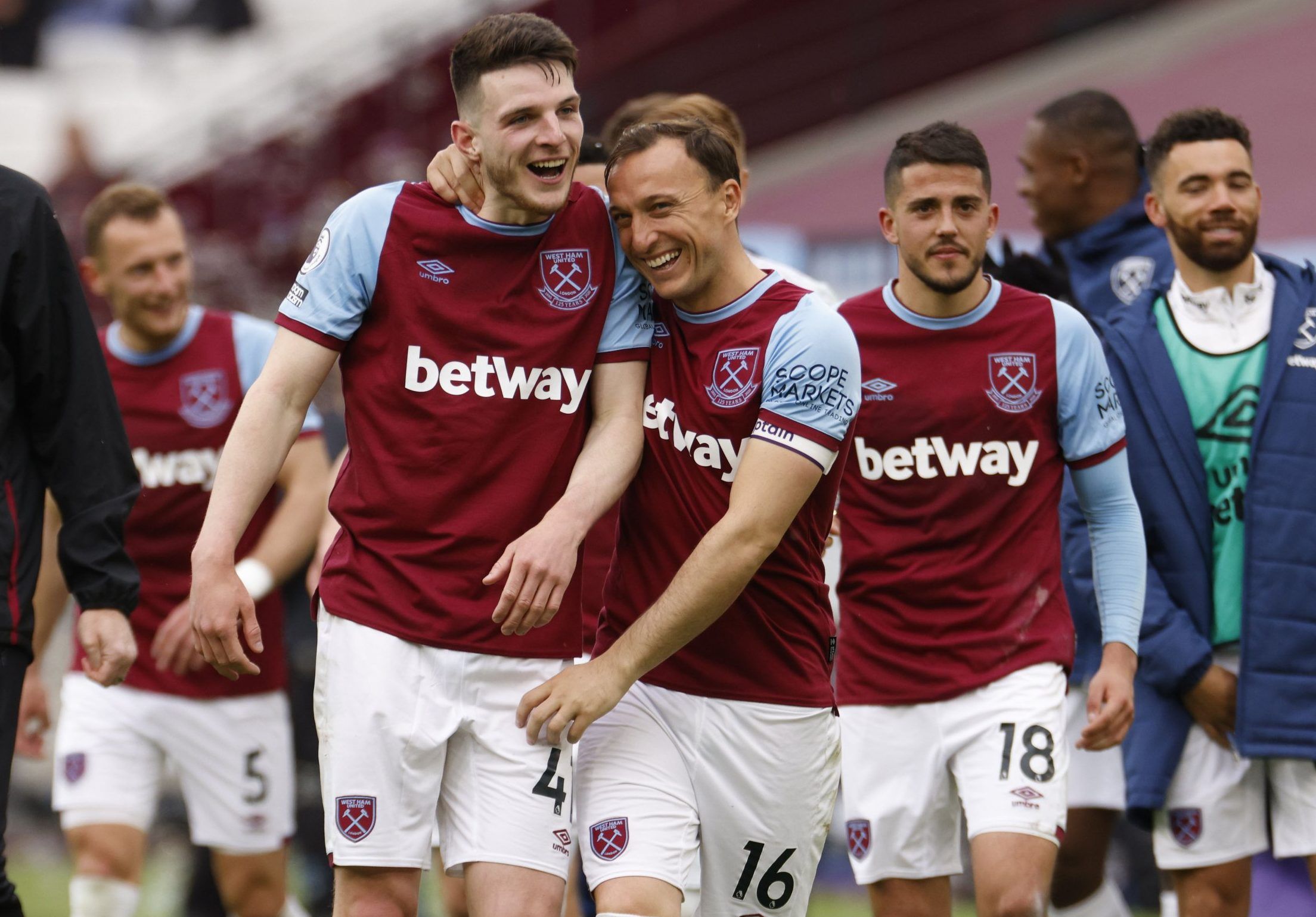 west ham midfielder declan rice and mark noble react after win over southampton premier league