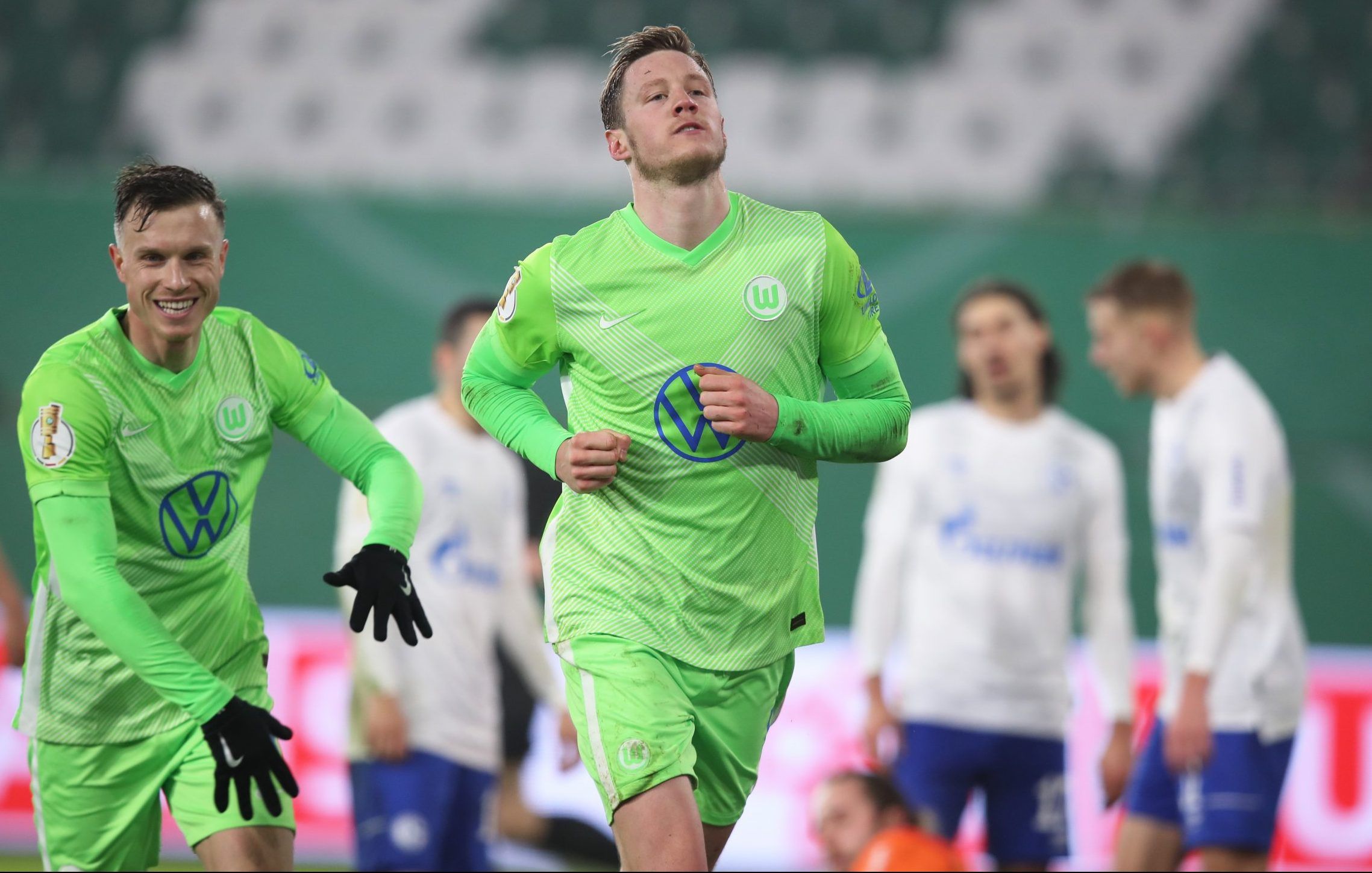 wolfsburg striker wout weghorst celebrates scoring against schalke in the dfb cup