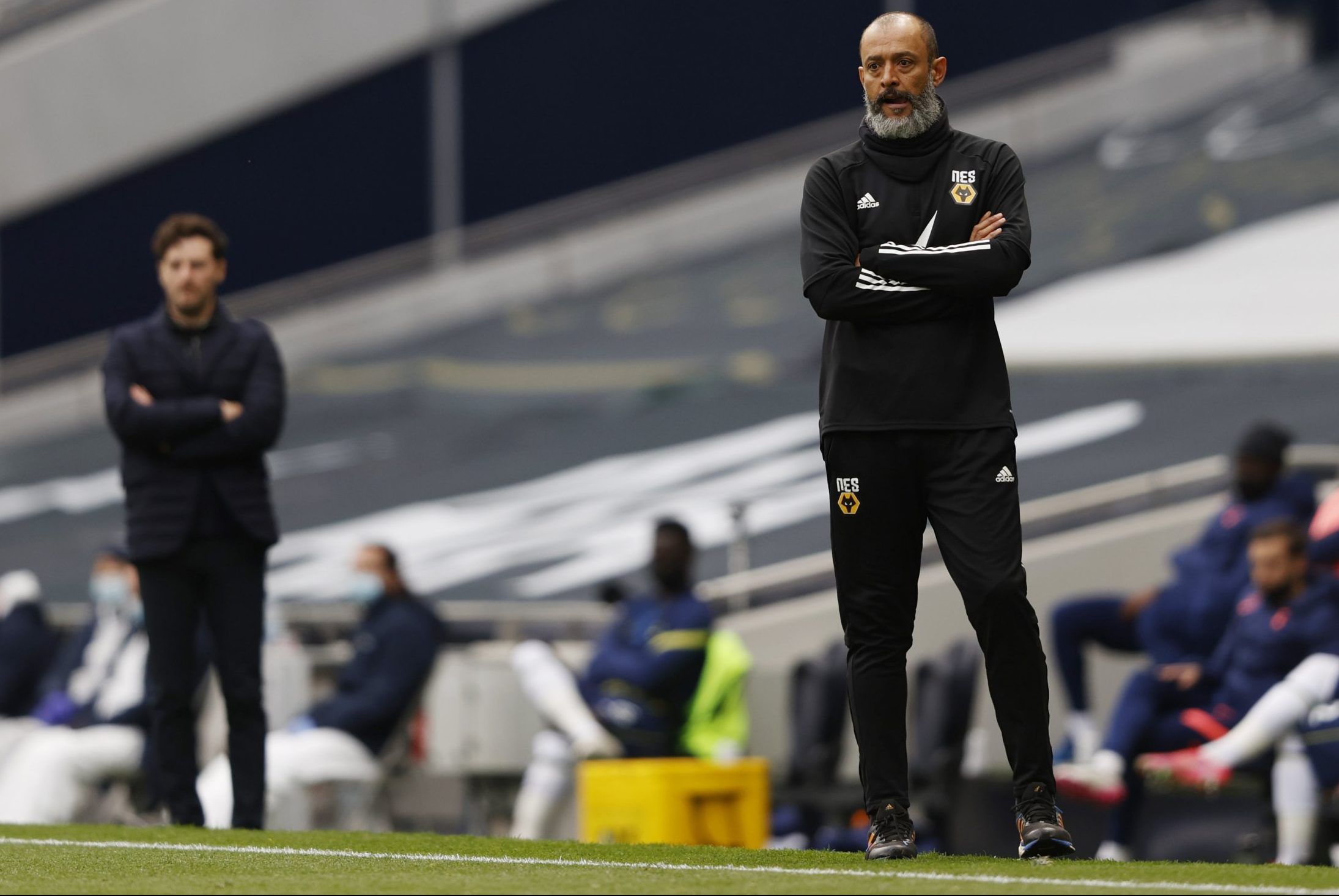 wolves manager nuno santo on sideline against spurs in the premier league