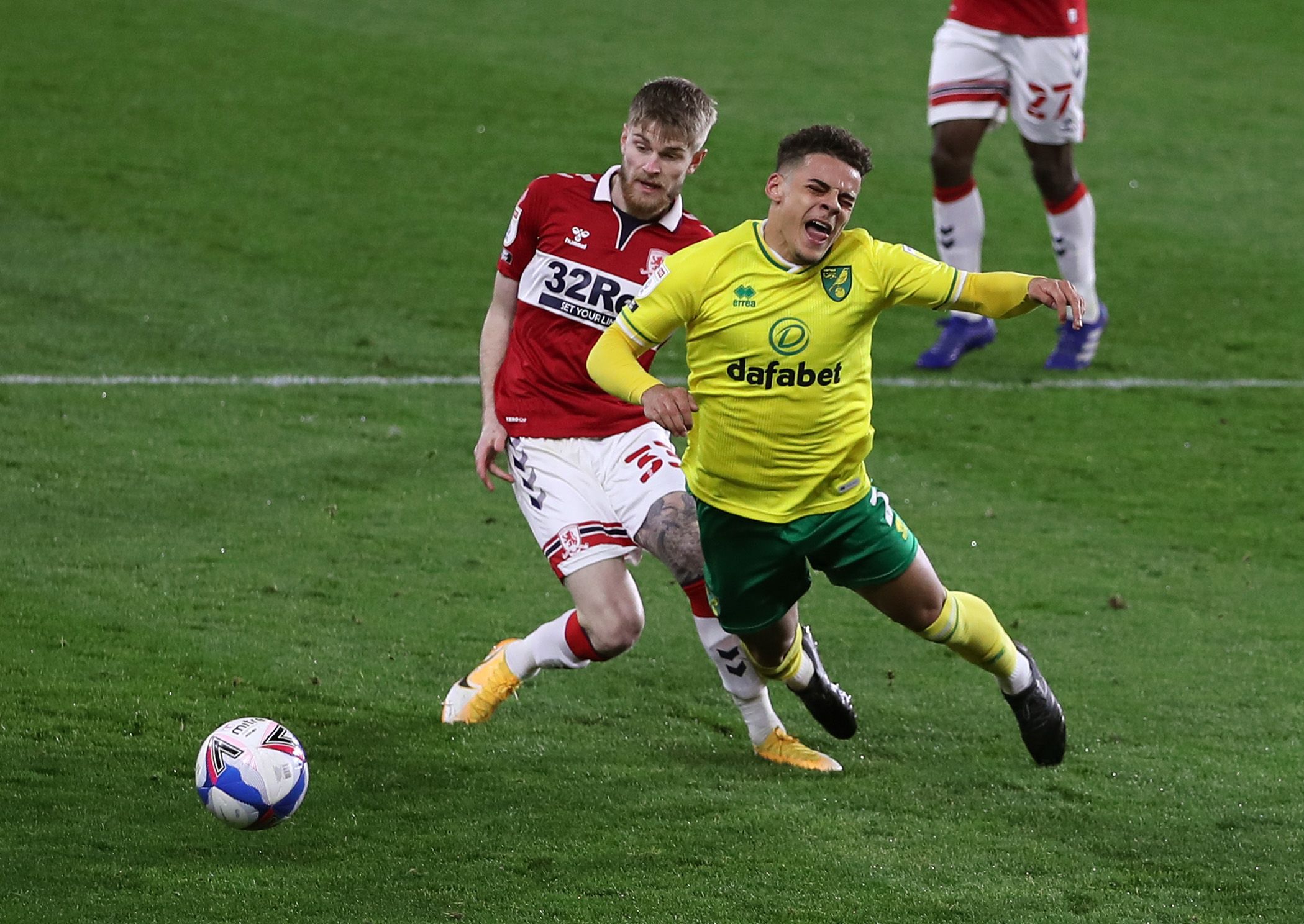 Soccer Football - Championship - Middlesbrough v Norwich City - Riverside Stadium, Middlesbrough, Britain - November 21, 2020 Middlesbrough's Hayden Coulson fouls Norwich City's Max Aarons to give away a penalty Action Images/Molly Darlington EDITORIAL USE ONLY. No use with unauthorized audio, video, data, fixture lists, club/league logos or 'live' services. Online in-match use limited to 75 images, no video emulation. No use in betting, games or single club /league/player publications.  Please 