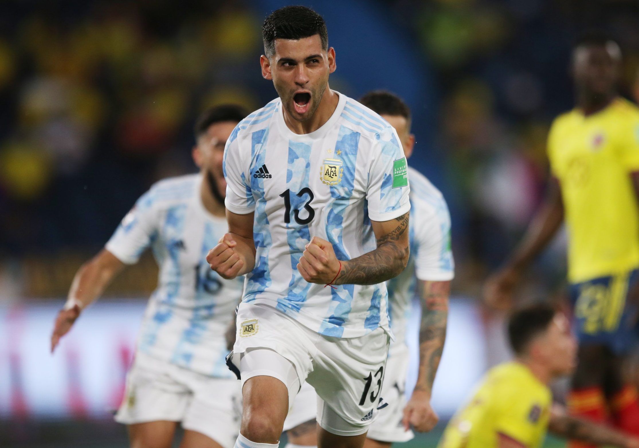 argentina and atalanta centre-back cristian romero celebrates scoring against colombia in a world cup qualifier
