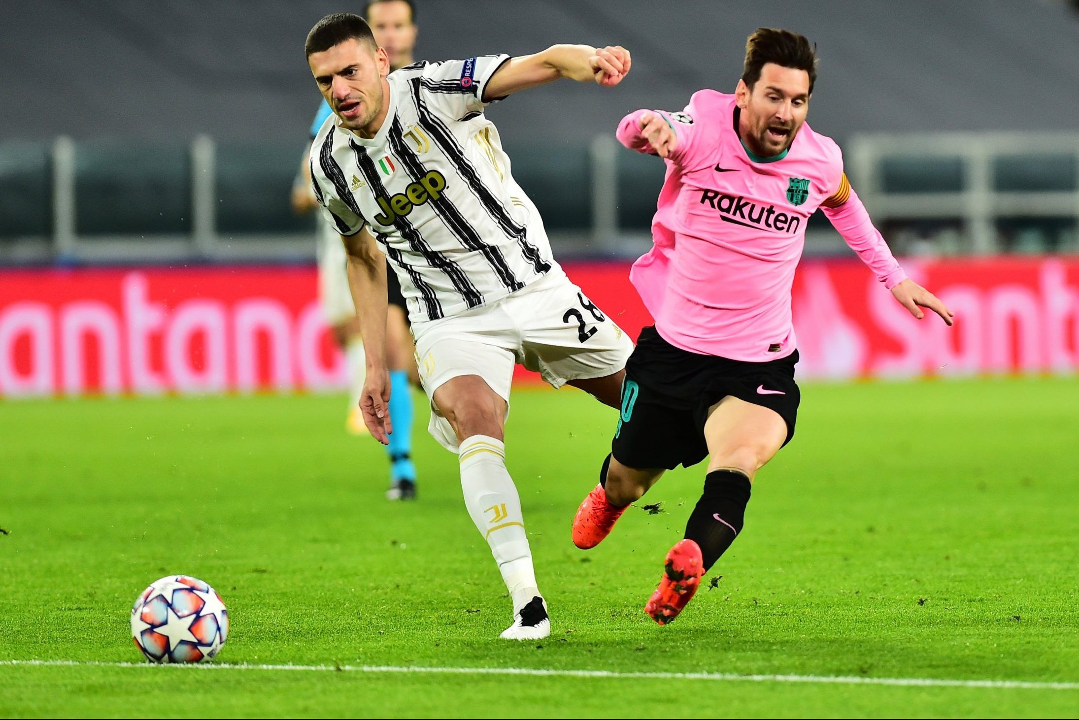 juventus defender merih demiral tackles barcelona star lionel messi in the champions league