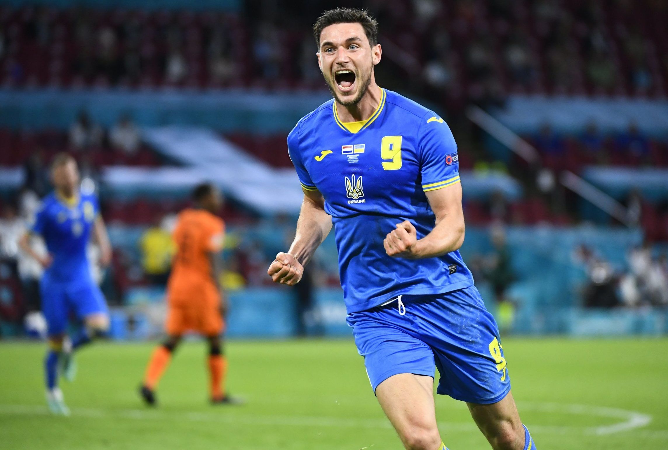 ukraine striker roman yaremchuk celebrates scoring against netherlands in group c at euro 2020