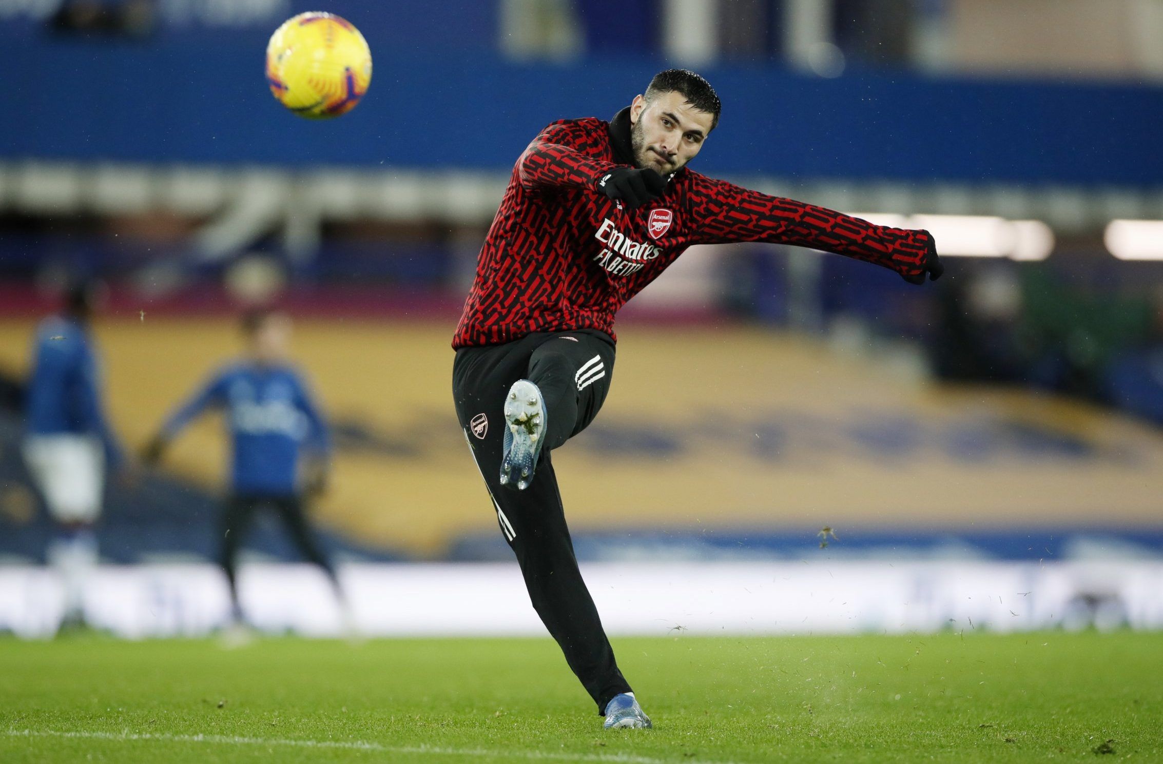 Arsenal defender Sead Kolasinac shoots during warm-up before Premier League clash with Everton at Goodison Park