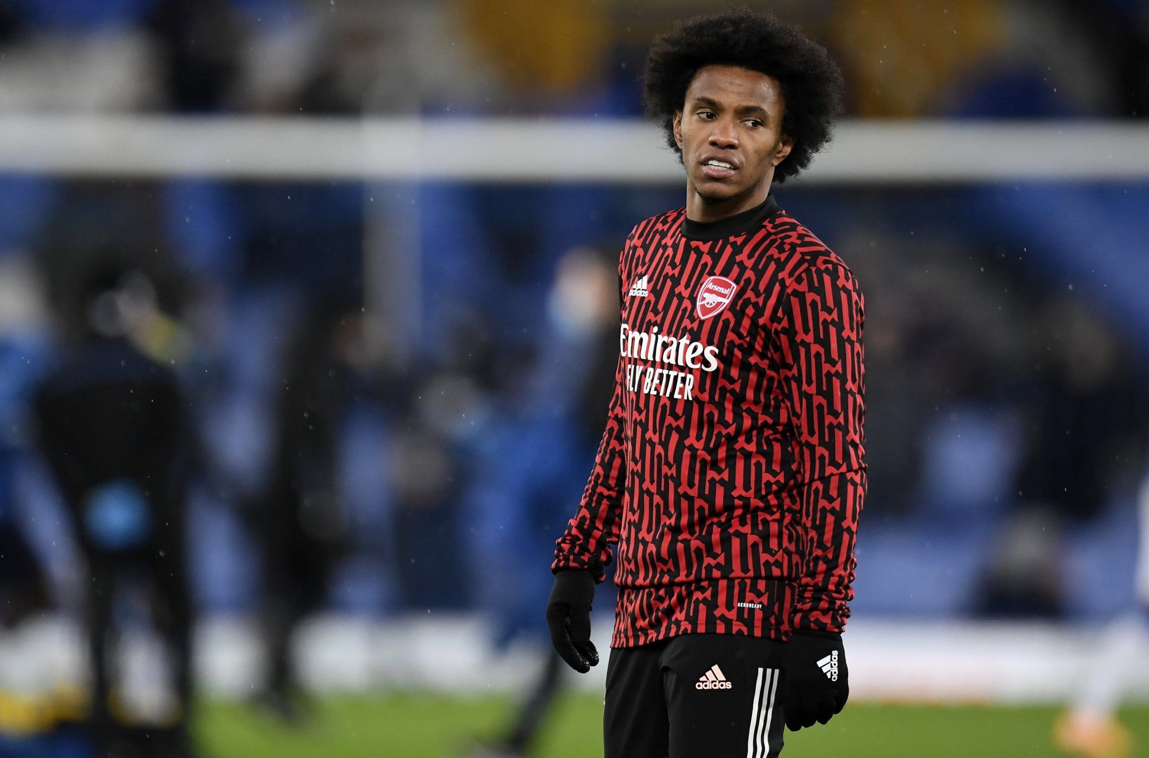 Arsenal winger Willian during warm up before Premier League clash with Everton at Goodison Park