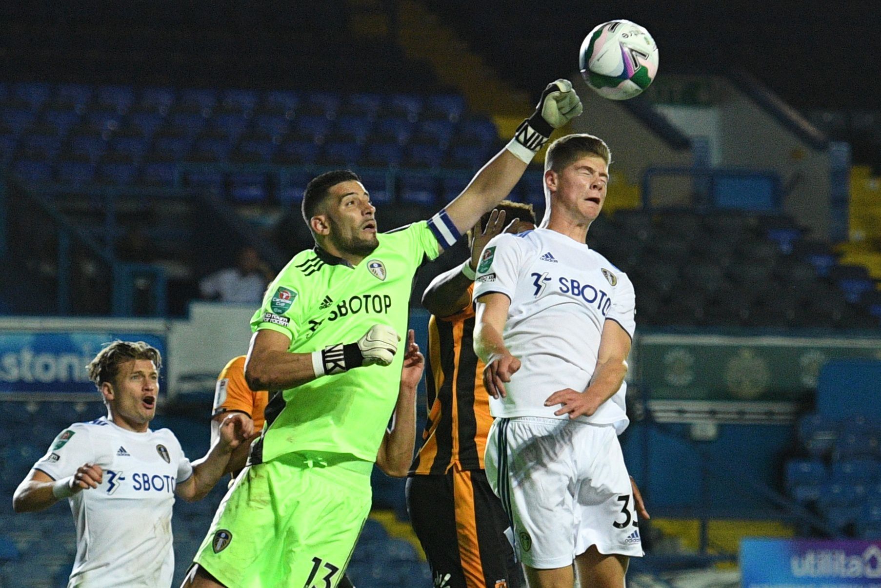 Soccer Football - Carabao Cup Second Round - Leeds United v Hull City - Elland Road, Leeds, Britain - September 16, 2020 Leeds United's Charlie Cresswell and Kiko Casilla in action Pool via REUTERS/Oli Scarff EDITORIAL USE ONLY. No use with unauthorized audio, video, data, fixture lists, club/league logos or 'live' services. Online in-match use limited to 75 images, no video emulation. No use in betting, games or single club/league/player publications.  Please contact your account representative