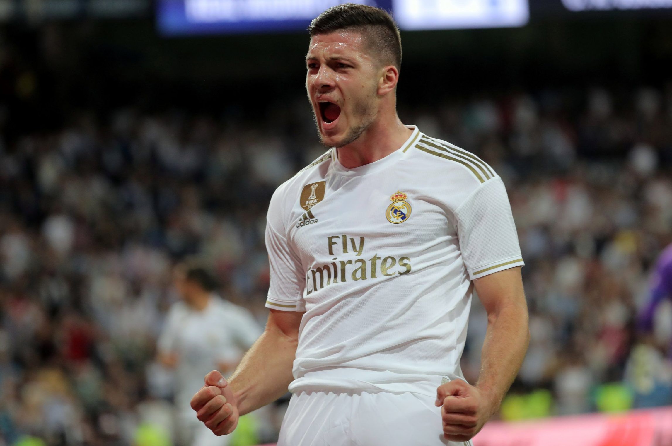 Real Madrid striker Luka Jovic celebrates scoring against Osasuna in La Liga