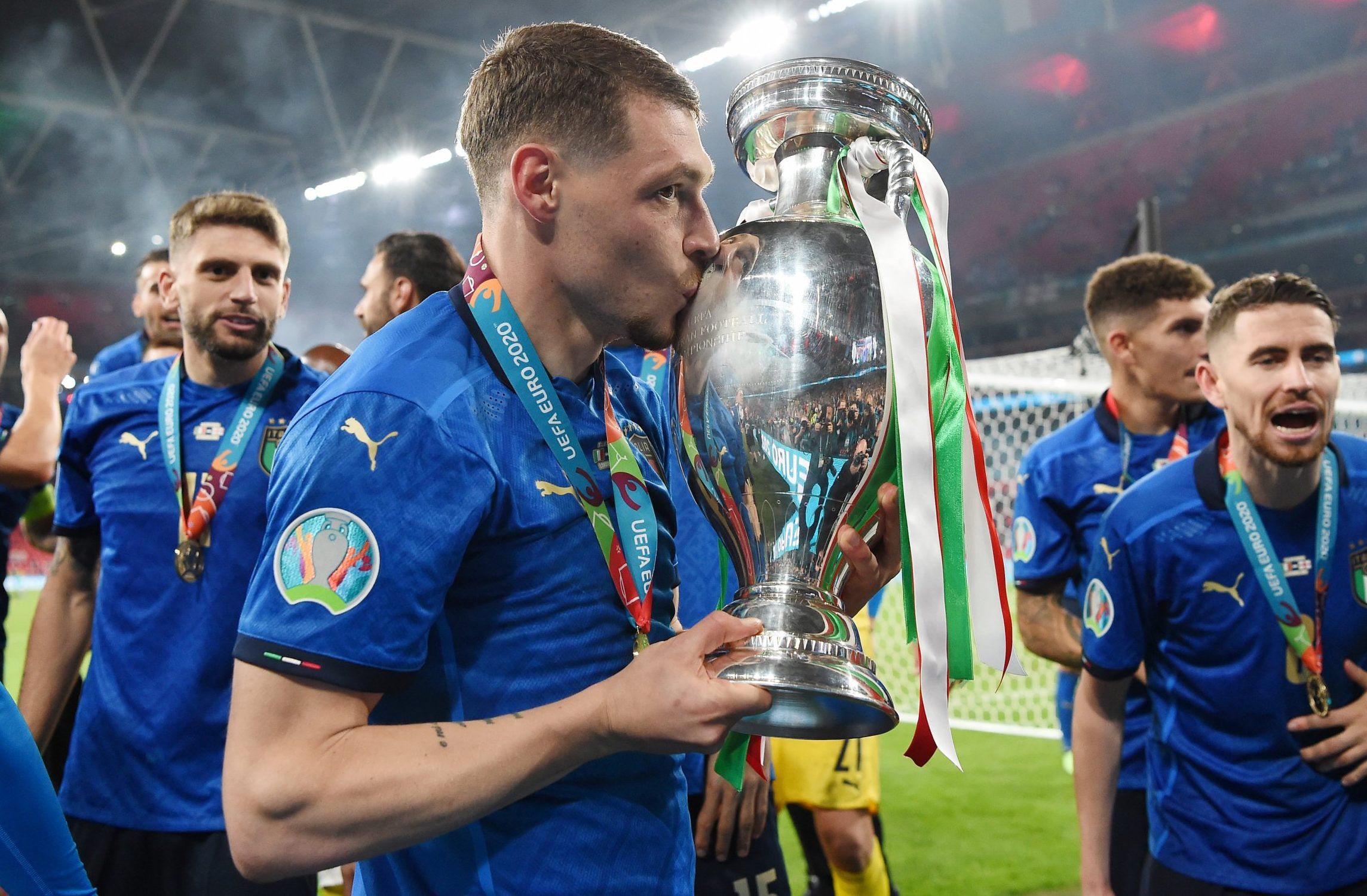 italy striker andrea belotti celebrates winning euro 2020