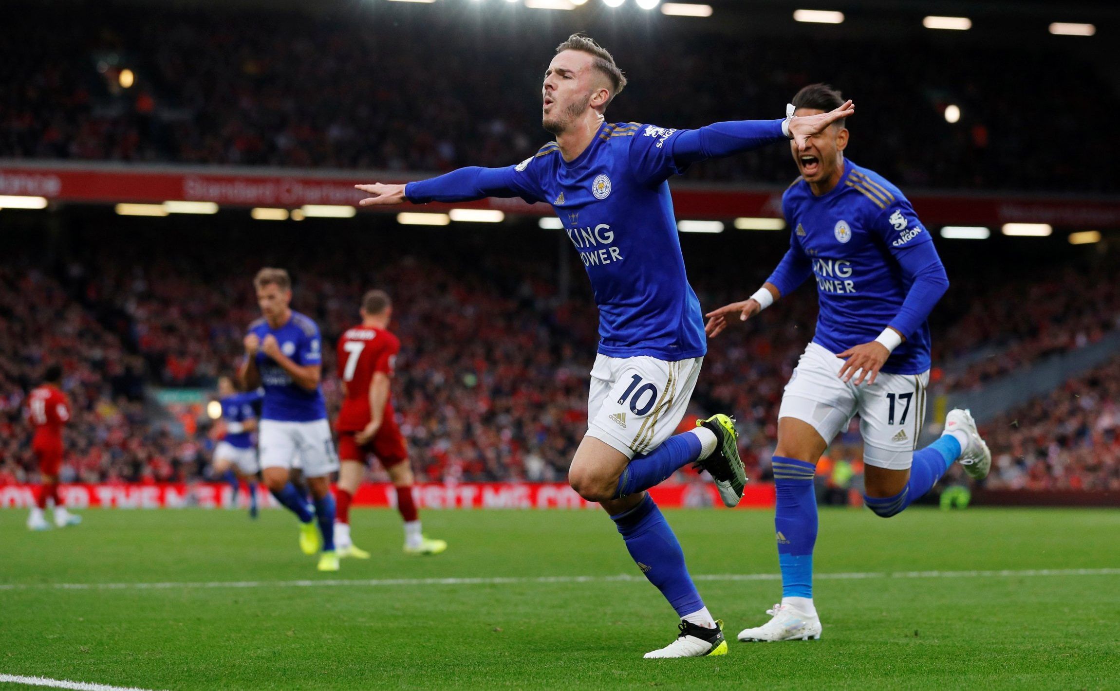 leicester city midfielder james maddison celebrates scoring against liverpool in the premier league