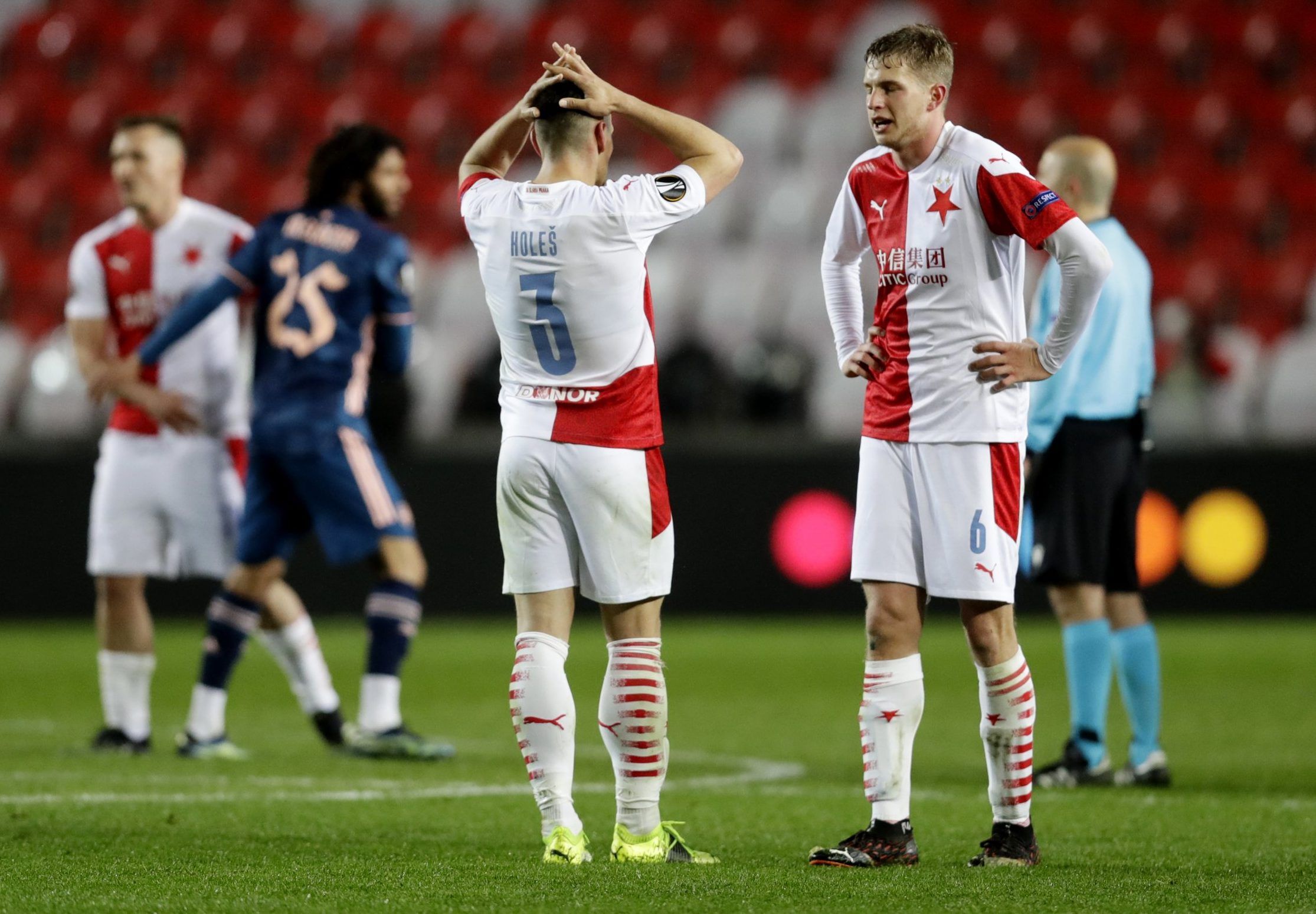 slavia prague defender david zima looks dejected after europa league defeat to arsenal
