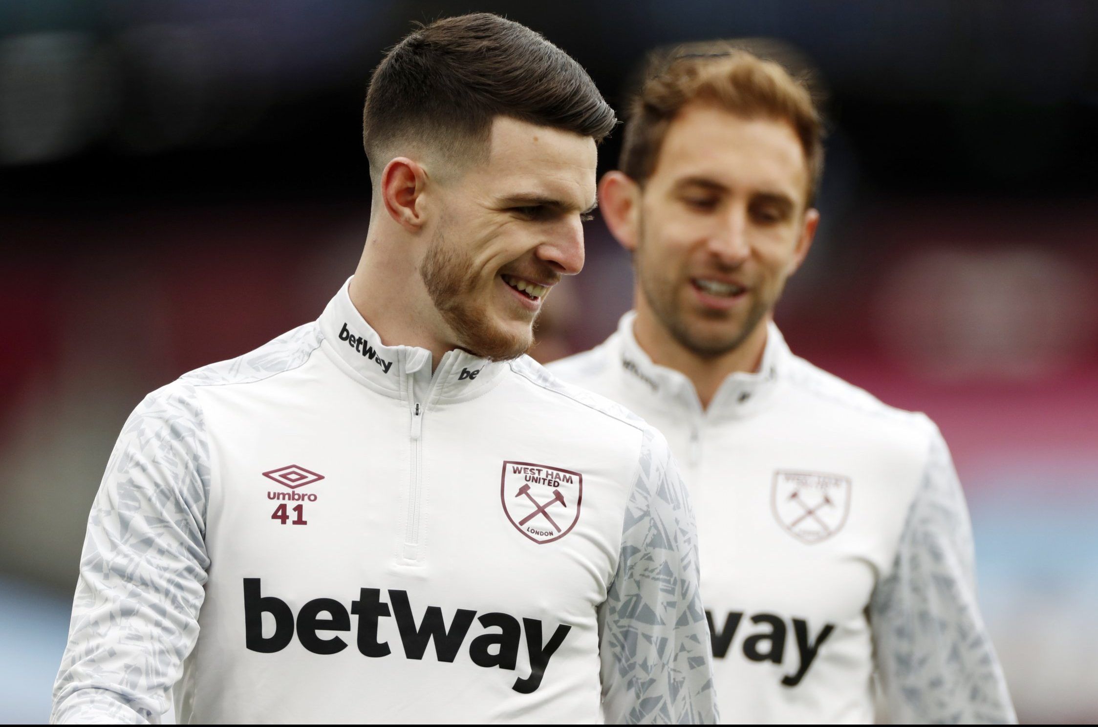 west ham midfielder declan rice during warm-up before premier league clash with arsenal at the london stadium