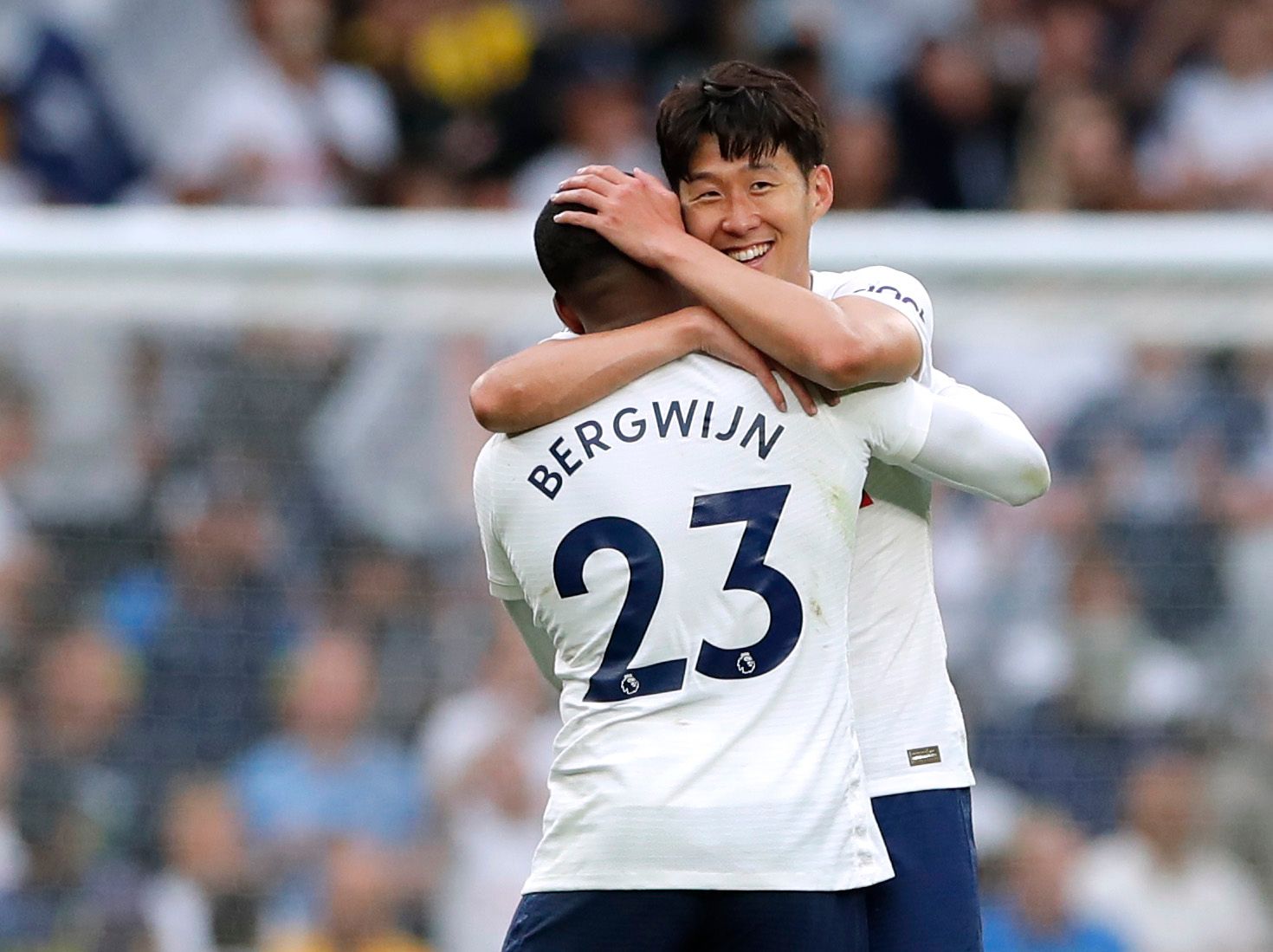 Soccer Football - Premier League - Tottenham Hotspur v Manchester City - Tottenham Hotspur Stadium, London, Britain - August 15, 2021  Tottenham Hotspur's Son Heung-min celebrates with Steven Bergwijn after the match Action Images via Reuters/Andrew Couldridge EDITORIAL USE ONLY. No use with unauthorized audio, video, data, fixture lists, club/league logos or 'live' services. Online in-match use limited to 75 images, no video emulation. No use in betting, games or single club /league/player publ