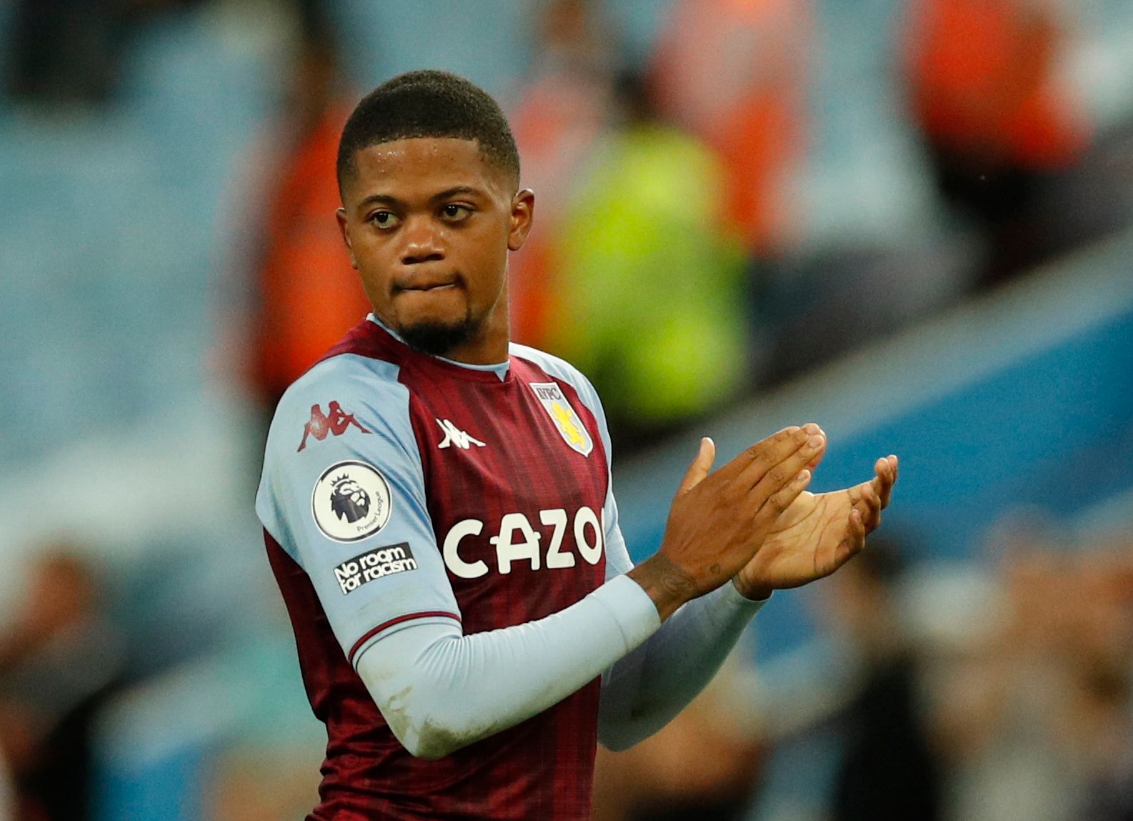 Soccer Football - Premier League - Aston Villa v Everton - Villa Park, Birmingham, Britain - September 18, 2021 Aston Villa's Leon Bailey applauds fans after the match Action Images via Reuters/Andrew Boyers EDITORIAL USE ONLY. No use with unauthorized audio, video, data, fixture lists, club/league logos or 'live' services. Online in-match use limited to 75 images, no video emulation. No use in betting, games or single club /league/player publications.  Please contact your account representative