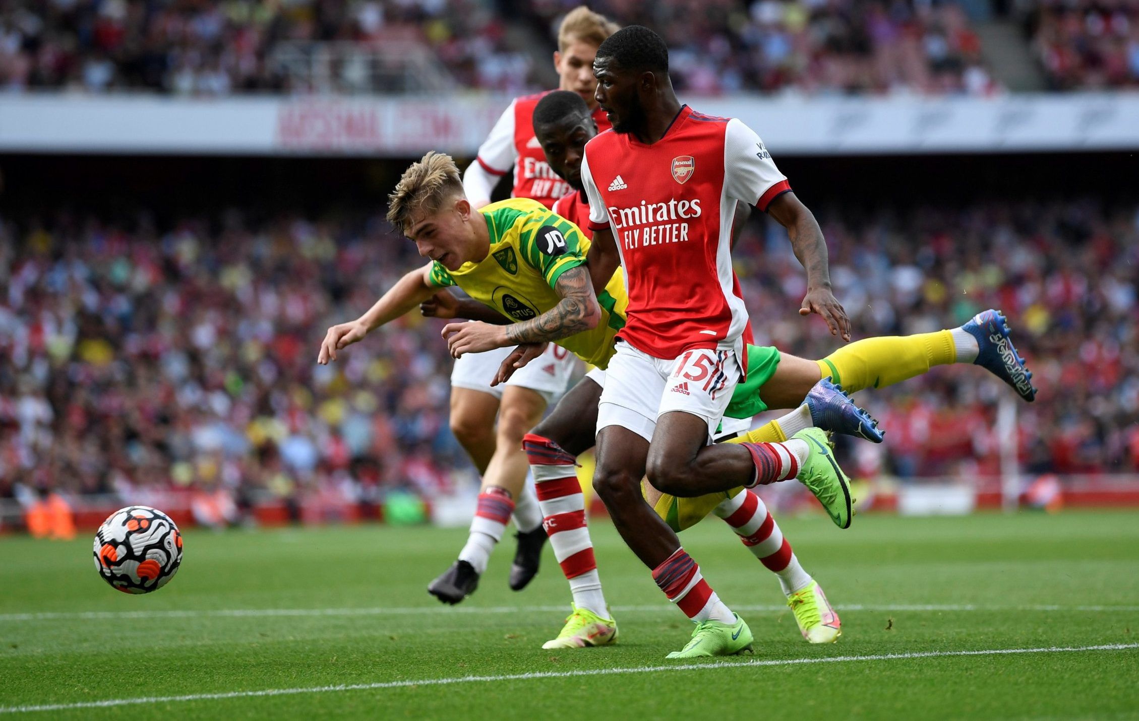 Arsenal midfielder Ainsley Maitland-Niles in action against Norwich City in the Premier League