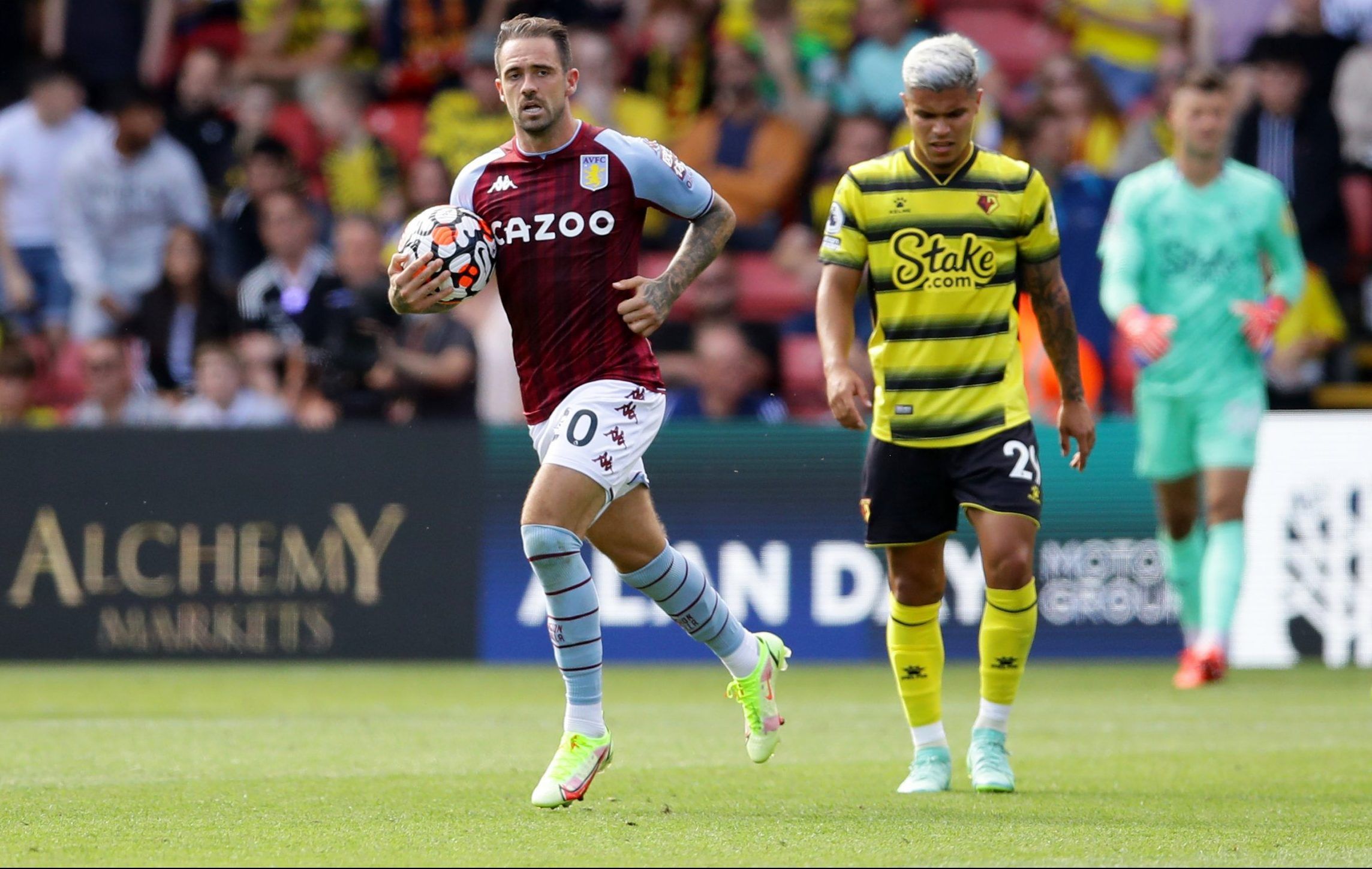 Aston Villa striker Danny Ings celebrates after scoring against Watford in the Premier League