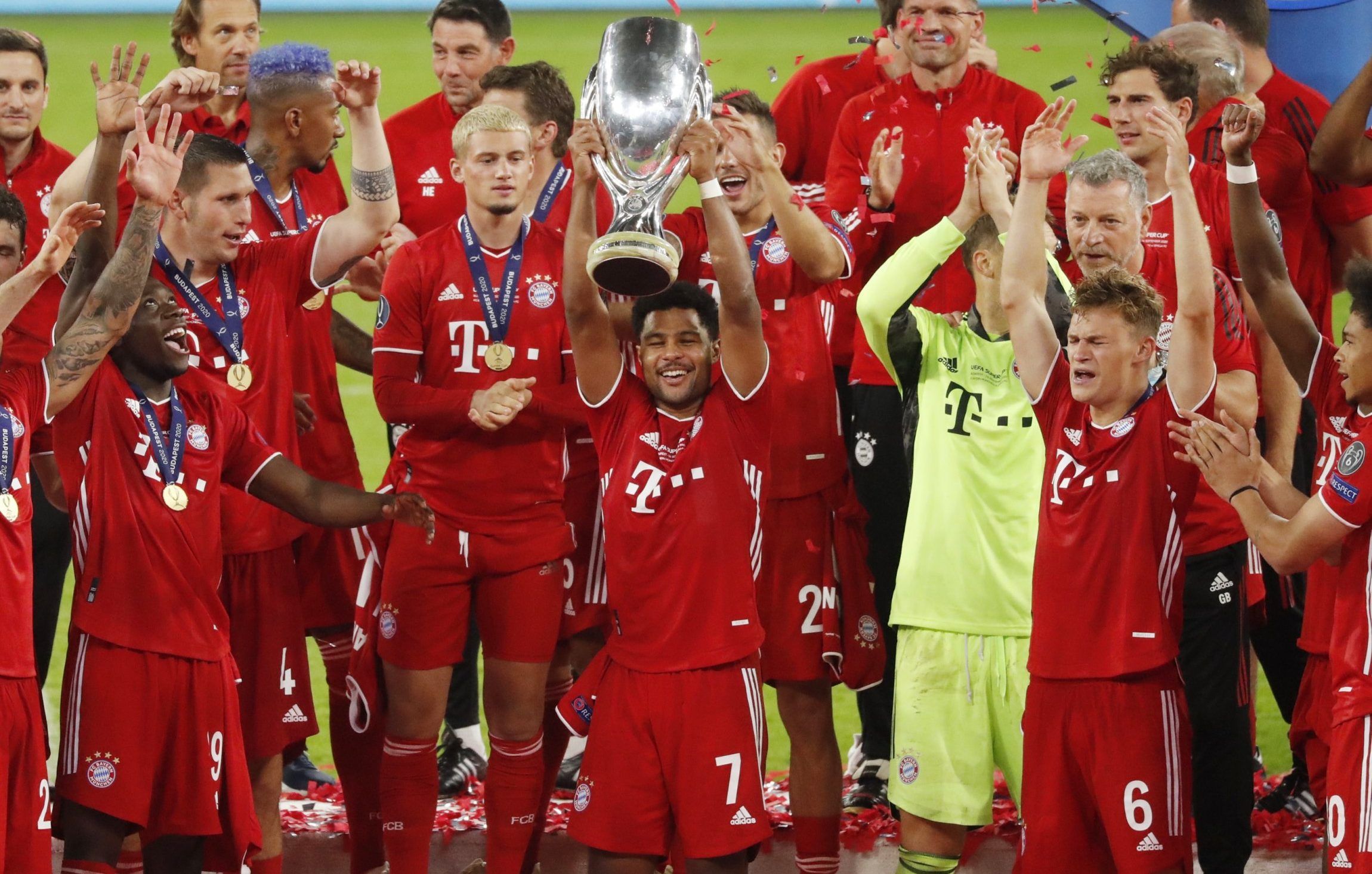 Bayern Munich midfielder Serge Gnabry celebrates lifting the European Super Cup