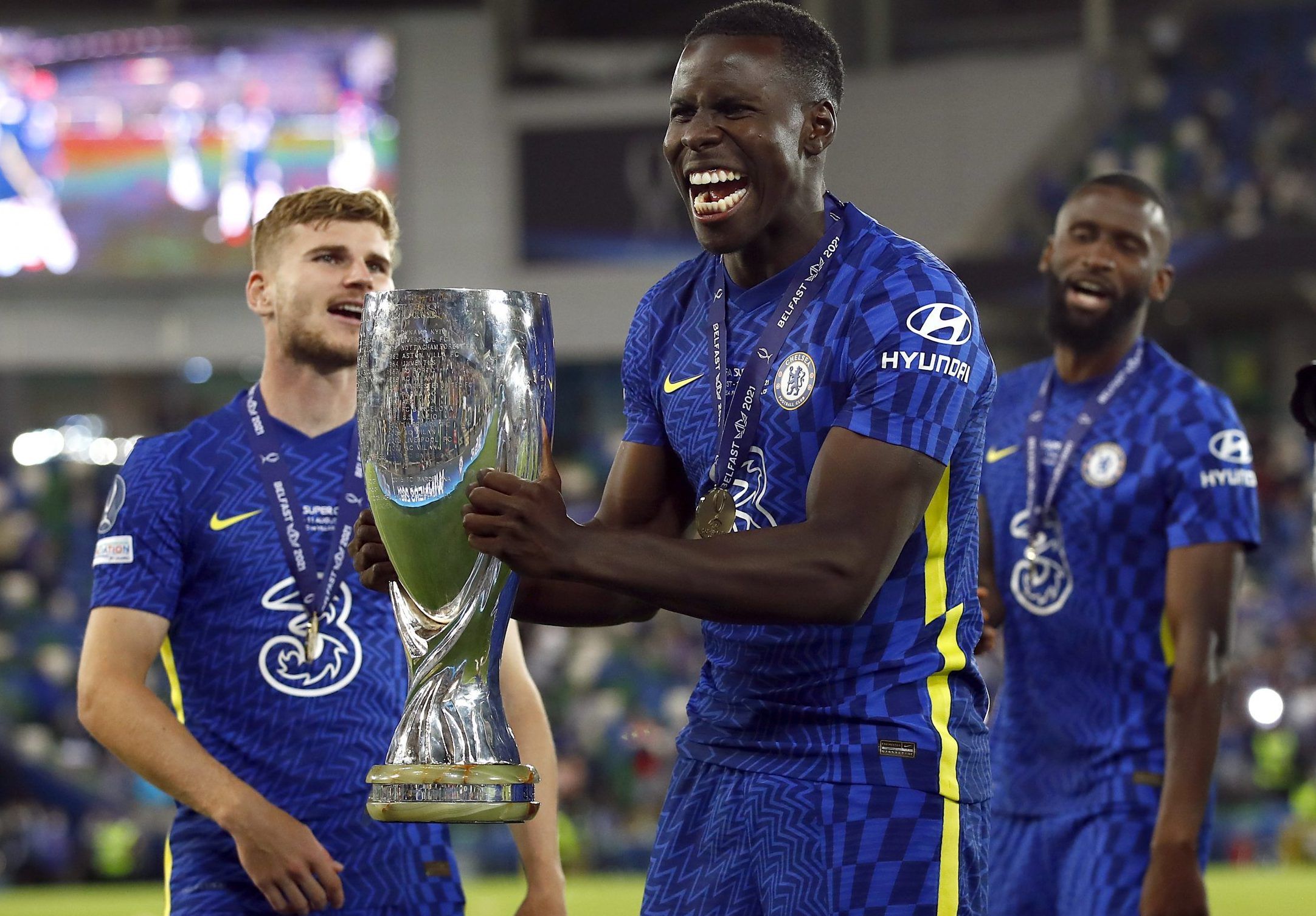 Chelsea centre-back Kurt Zouma celebrates winning the European Super Cup against Villarreal