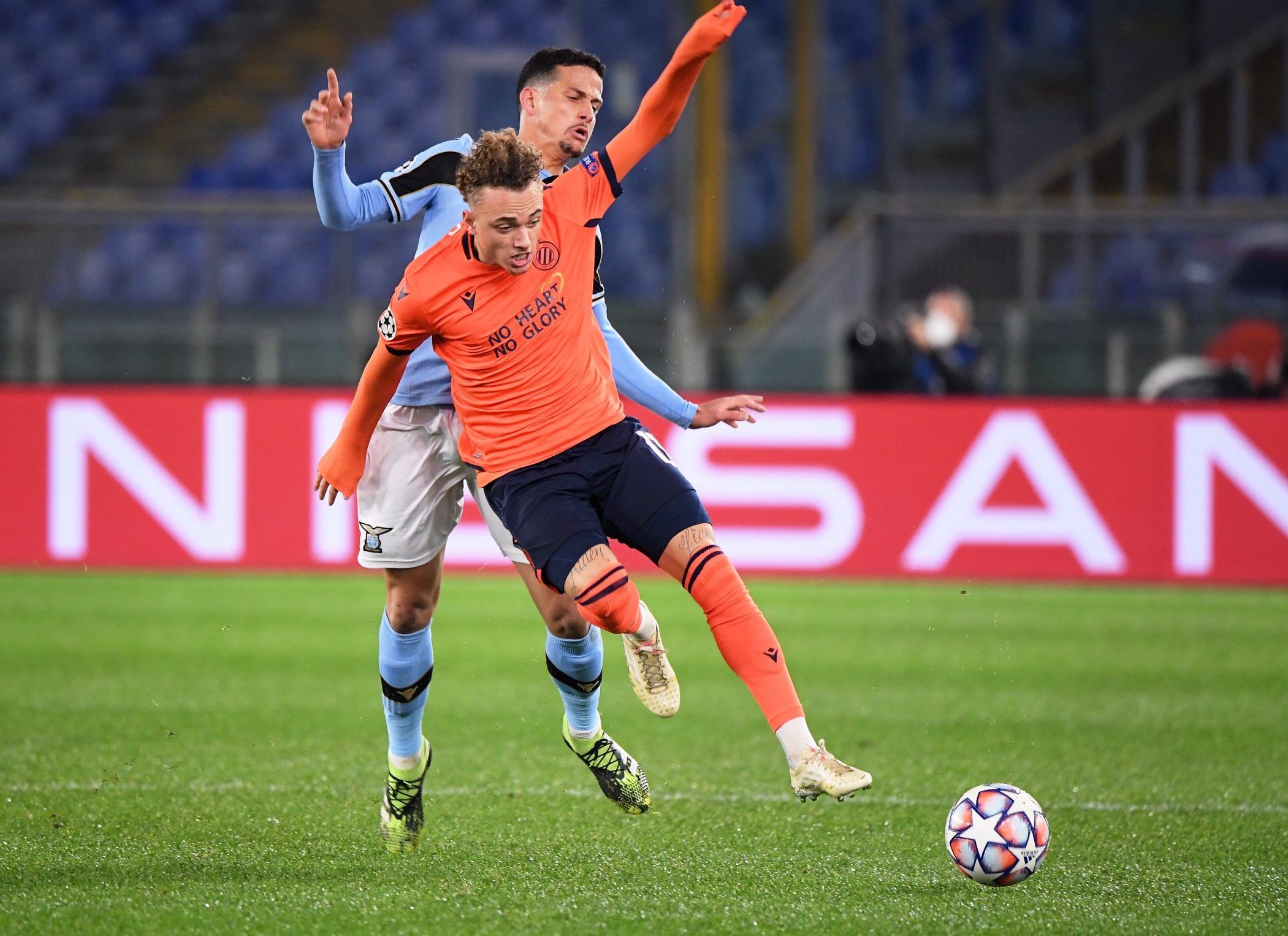 Club Brugge winger Noa Lang in action against Lazio in the Champions League