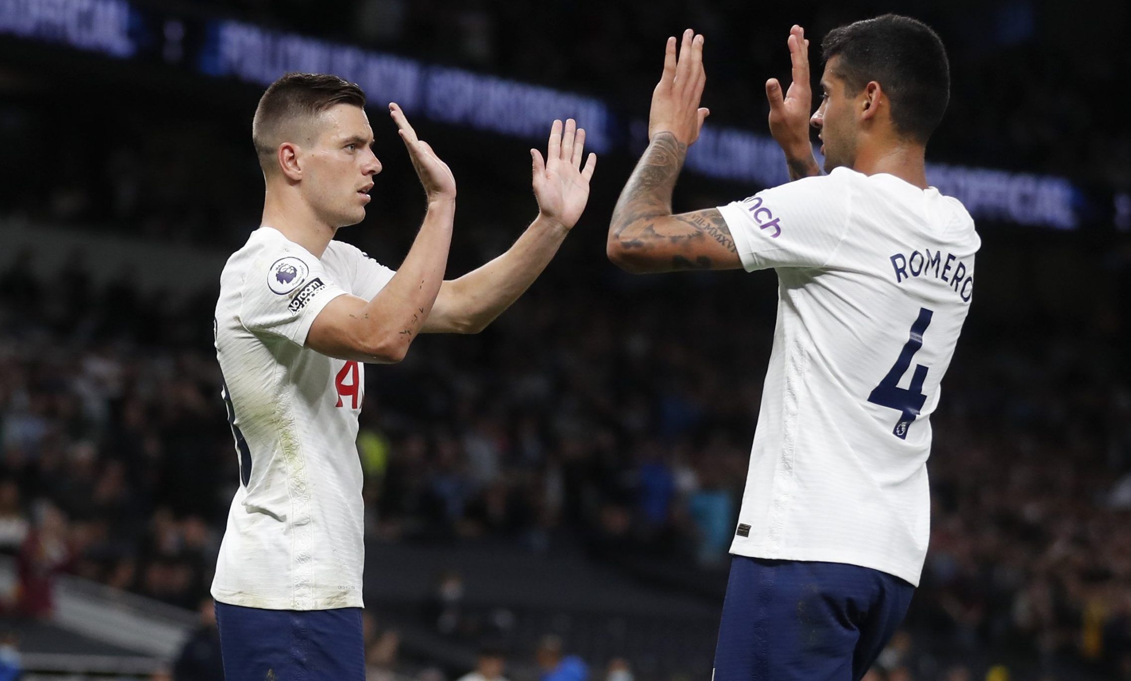 Spurs' Argentina duo Giovani Lo Celso and Cristian Romero celebrate goal against Pacos de Ferreira in the UEFA Europa Conference League