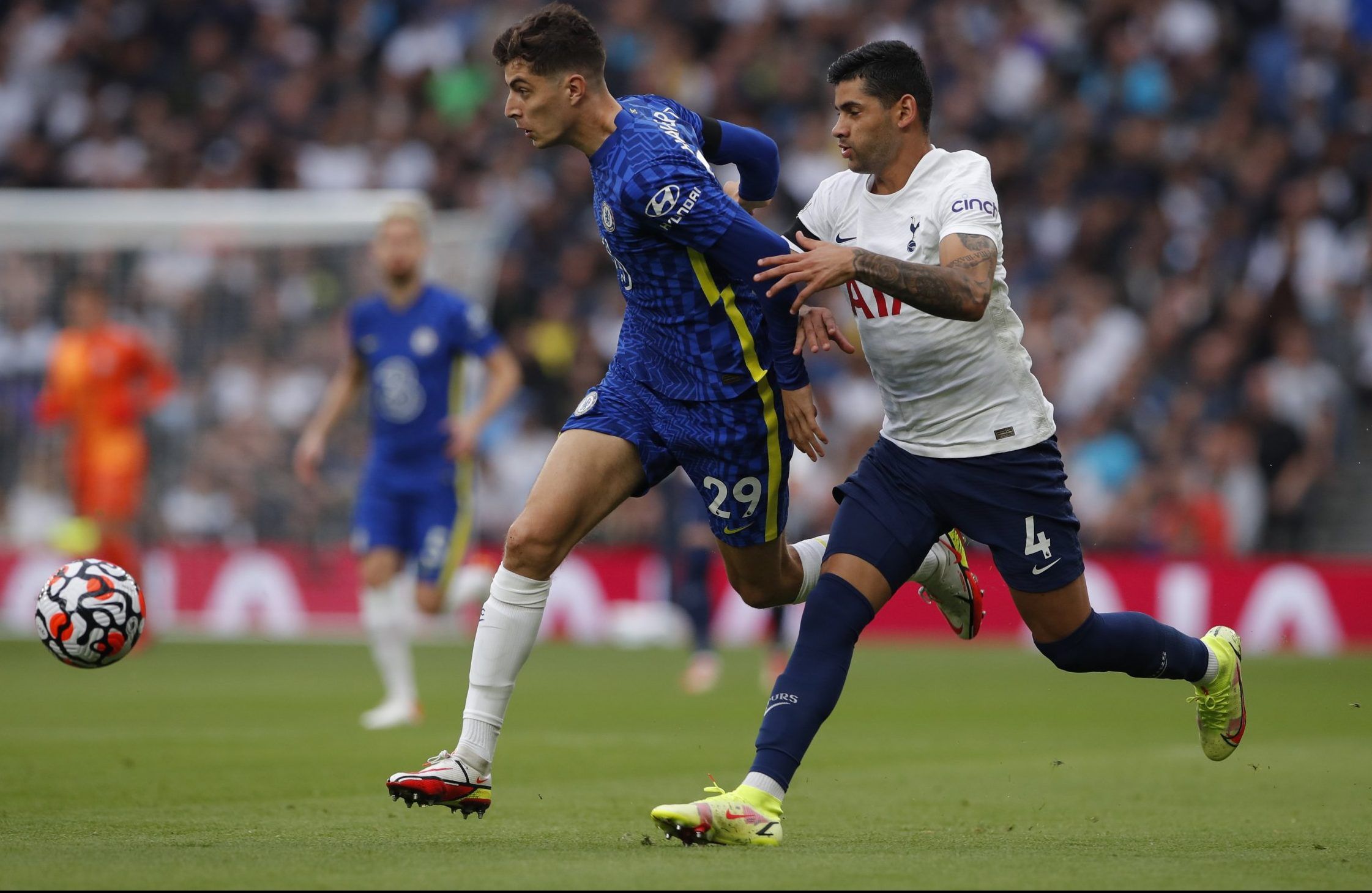 Spurs defender Cristian Romero in action against Chelsea's Kai Havertz in the Premier League