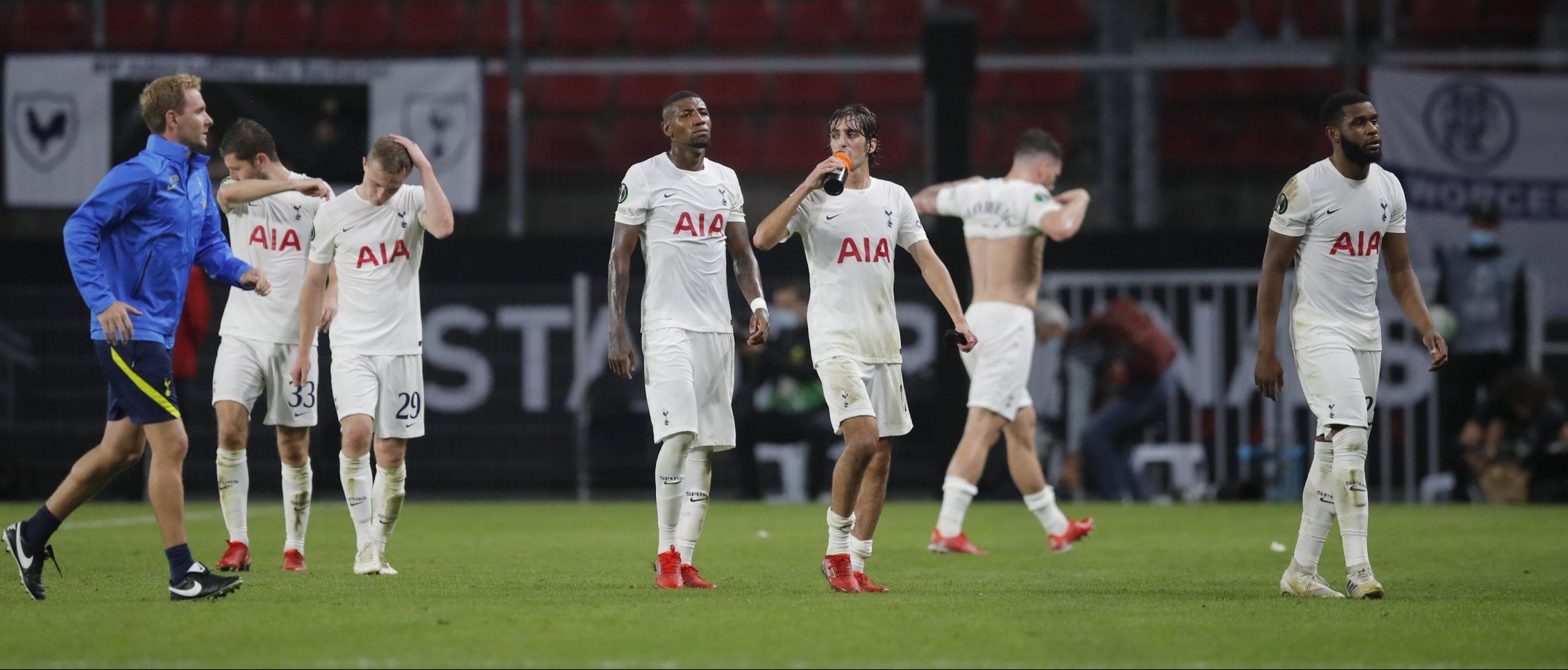 Tottenham Hotspur players react after draw with Stade Rennes in the UEFA Europa Conference League