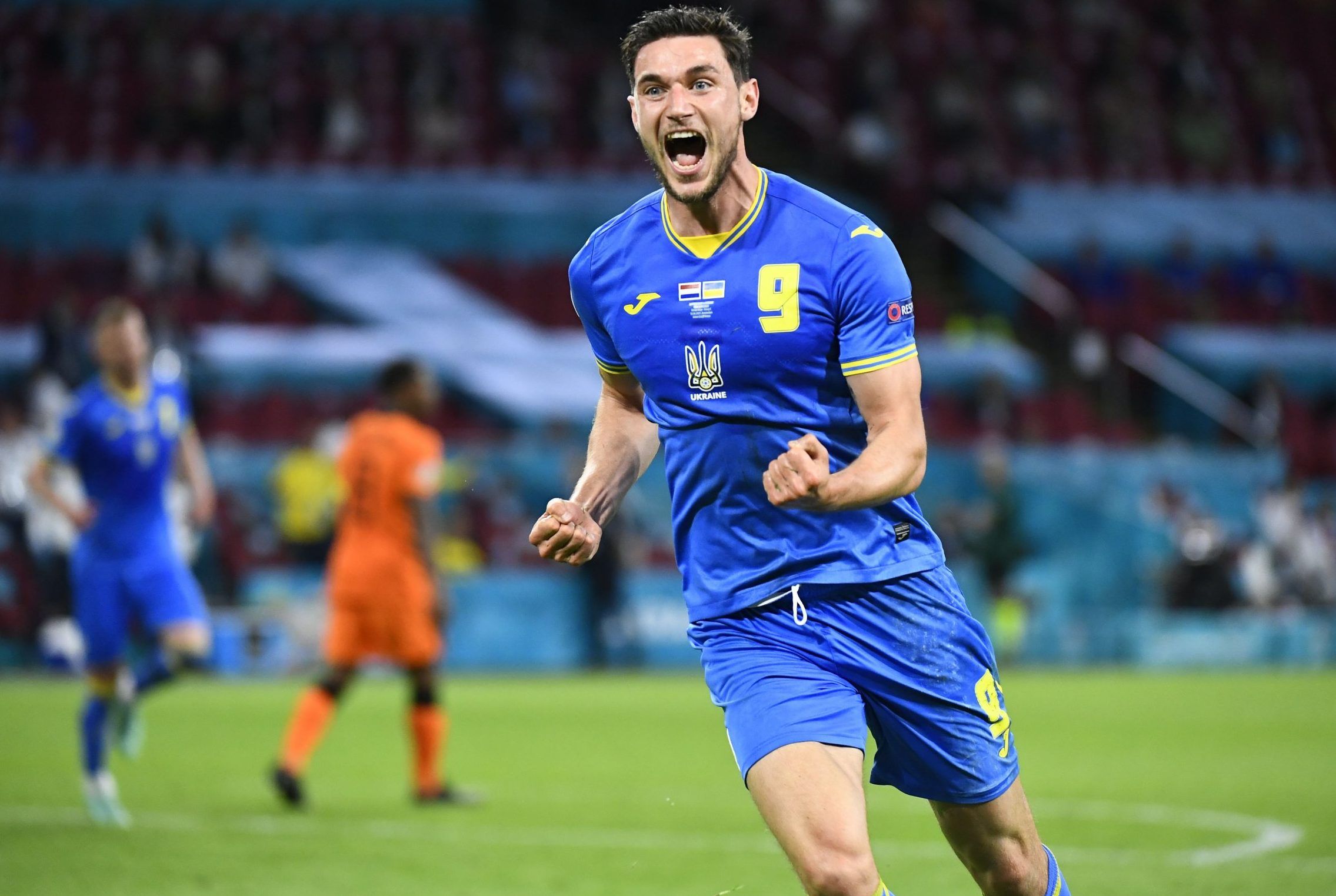 Ukraine's Roman Yaremchuk celebrates scoring against Netherlands at Euro 2020