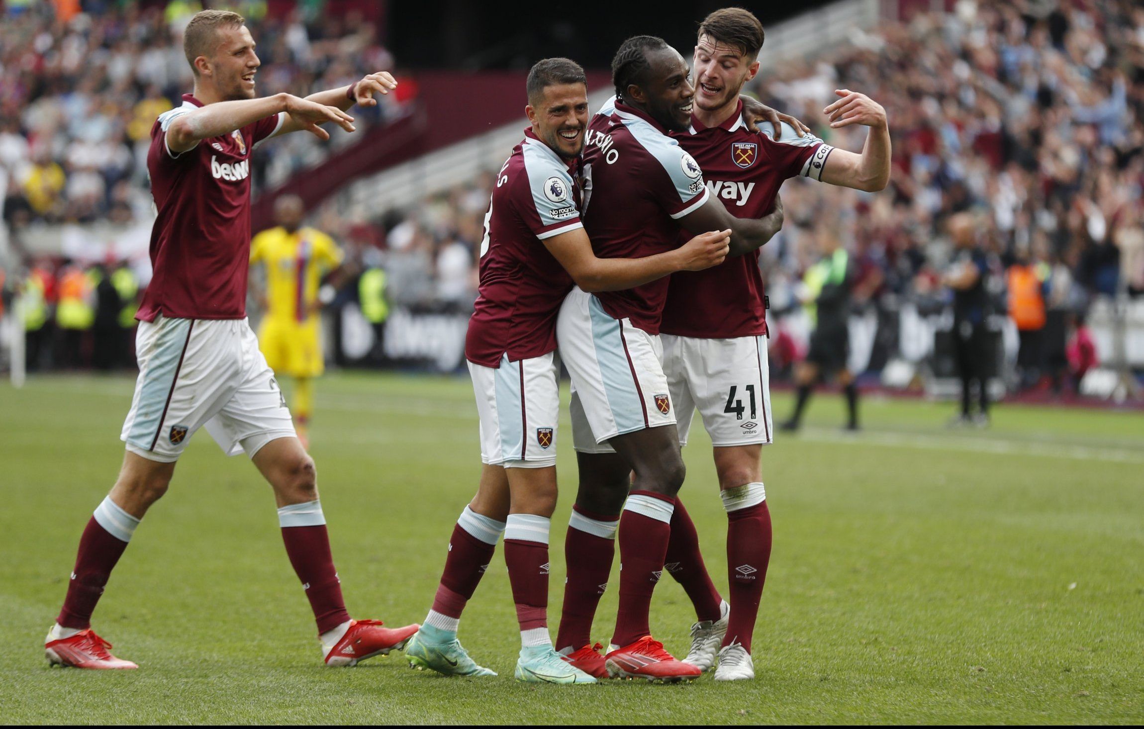 West Ham players celebrate Michail Antonio's goal against Crystal Palace in the Premier League
