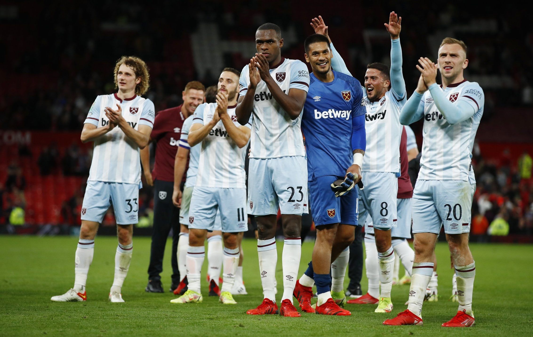 West Ham players celebrate win over Manchester United in the Carabao Cup at Old Trafford