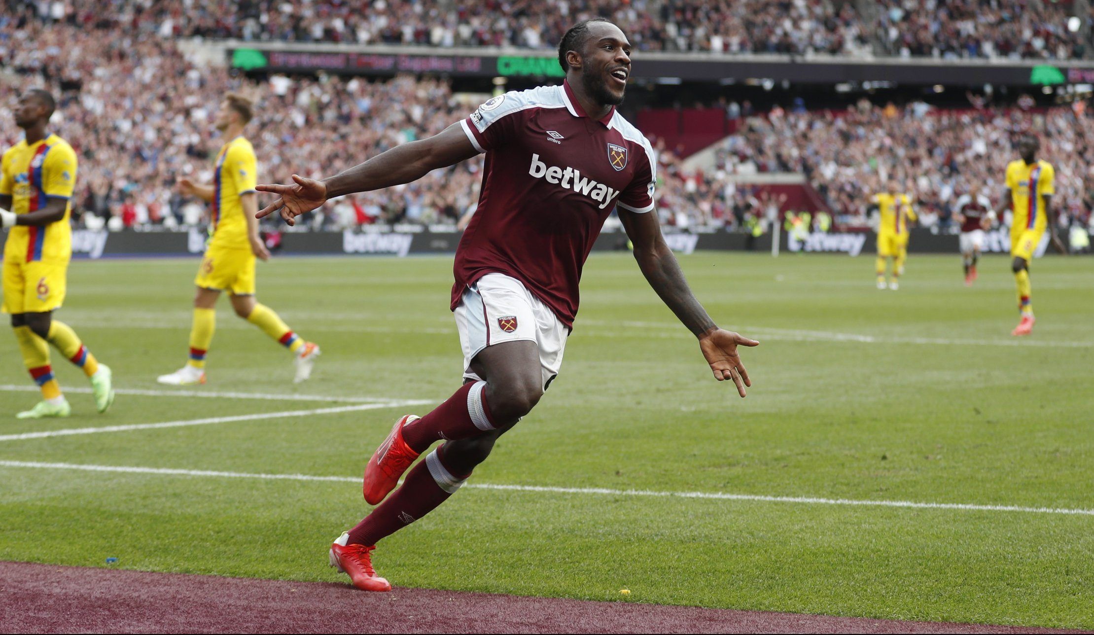 West Ham striker Michail Antonio celebrates scoring against Crystal Palace in the Premier League