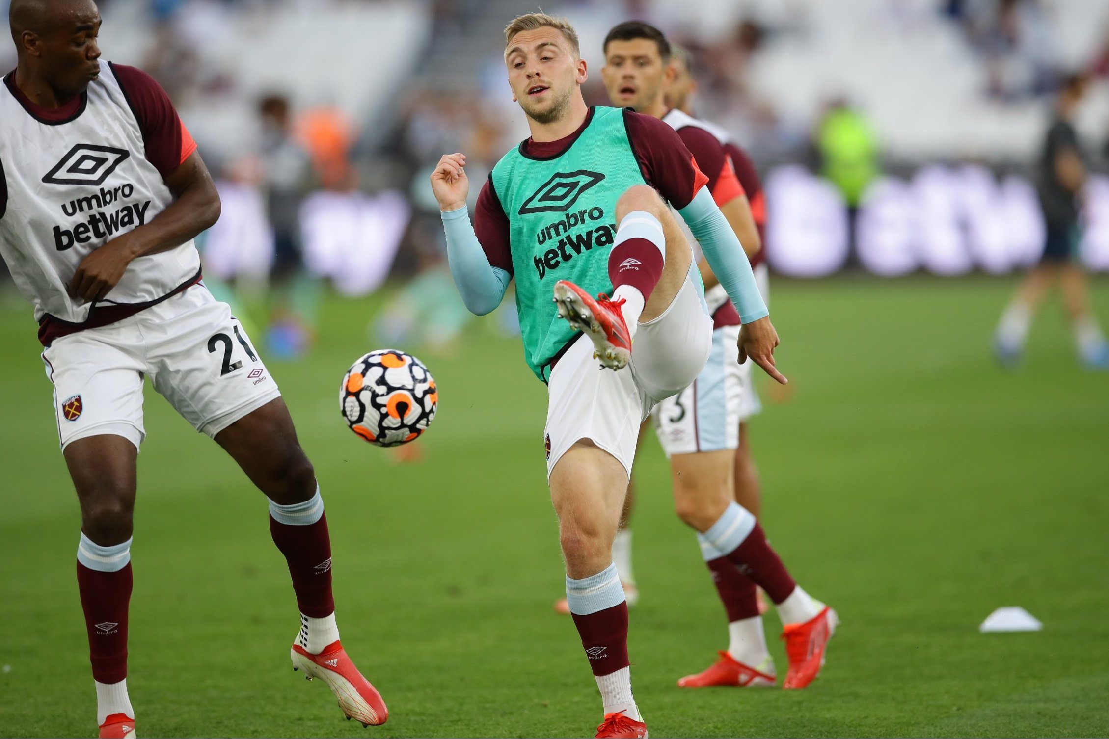 West Ham winger Jarrod Bowen during warm-up before Premier League clash with Leicester City at the London Stadium