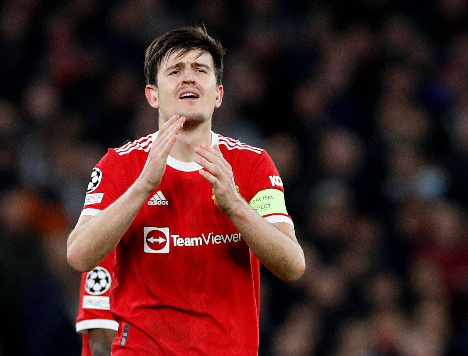 Soccer Football - Champions League - Group F - Manchester United v Atalanta - Old Trafford, Manchester, Britain - October 20, 2021 Manchester United's Harry Maguire reacts REUTERS/Phil Noble