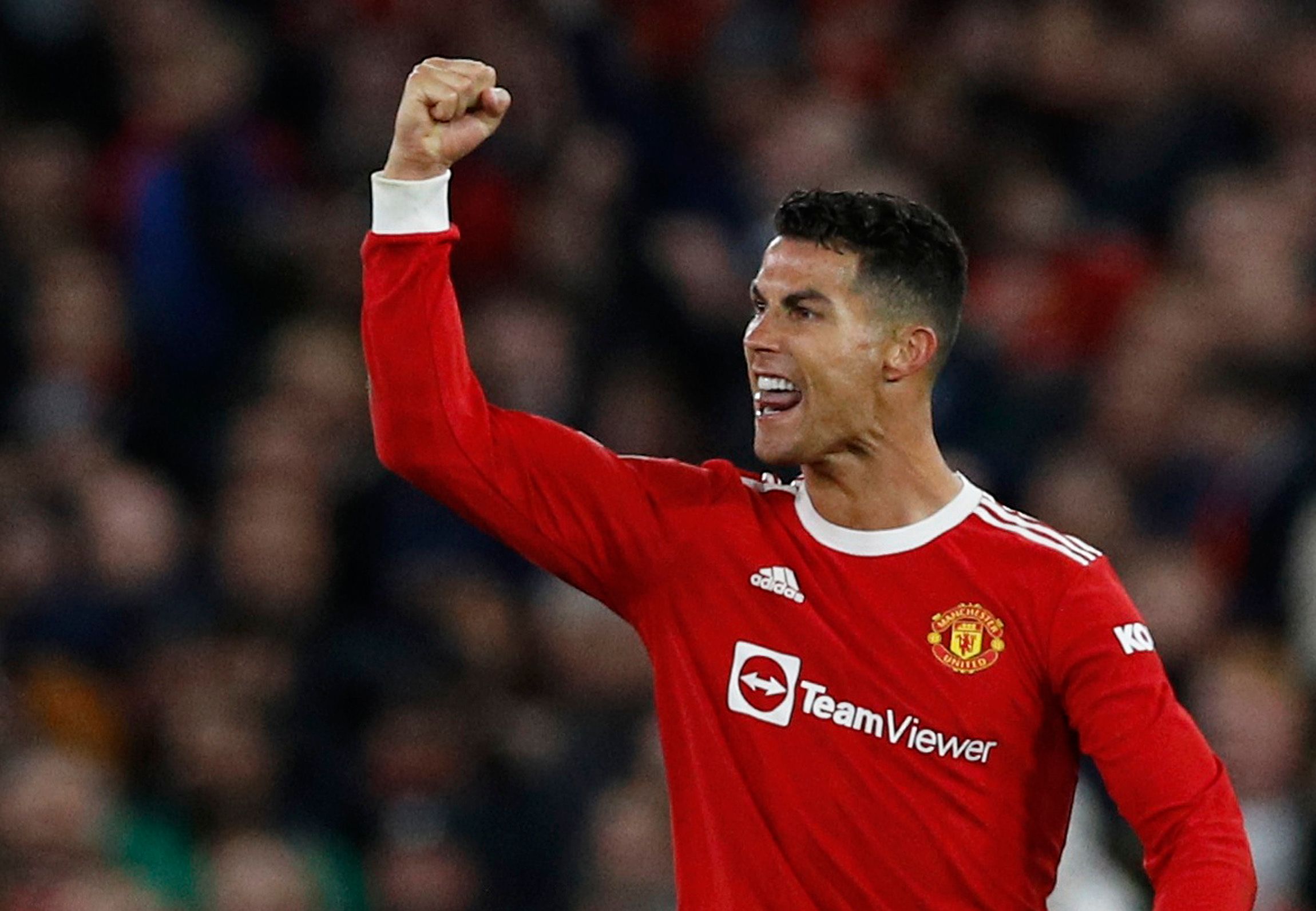 Soccer Football - Champions League - Group F - Manchester United v Atalanta - Old Trafford, Manchester, Britain - October 20, 2021 Manchester United's Cristiano Ronaldo celebrates scoring their third goal REUTERS/Phil Noble