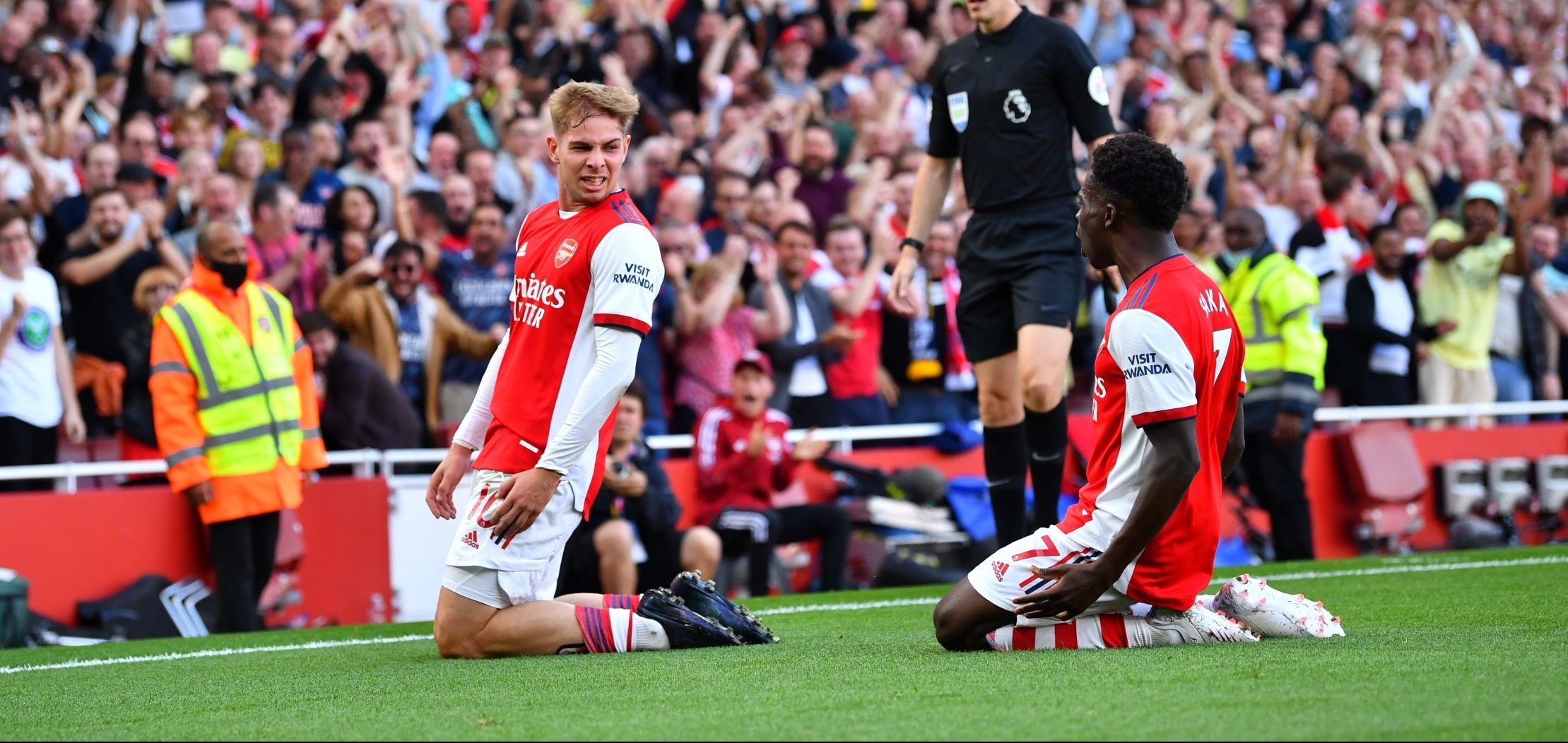 Arsenal duo Emile Smith Rowe and Bukayo Saka celebrate goal against Spurs in the north London derby