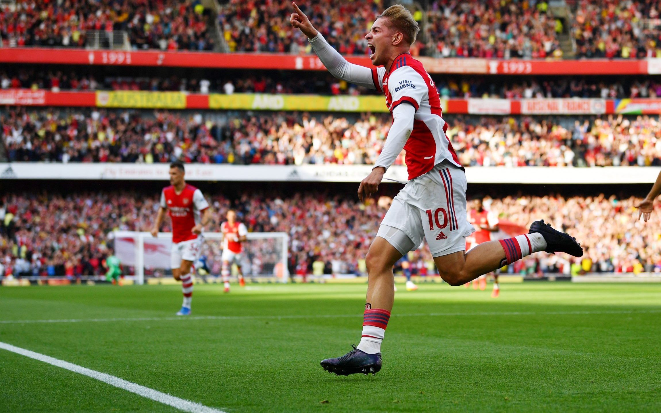 Arsenal midfielder Emile Smith Rowe celebrates scoring against Tottenham Hotspur in the north London derby