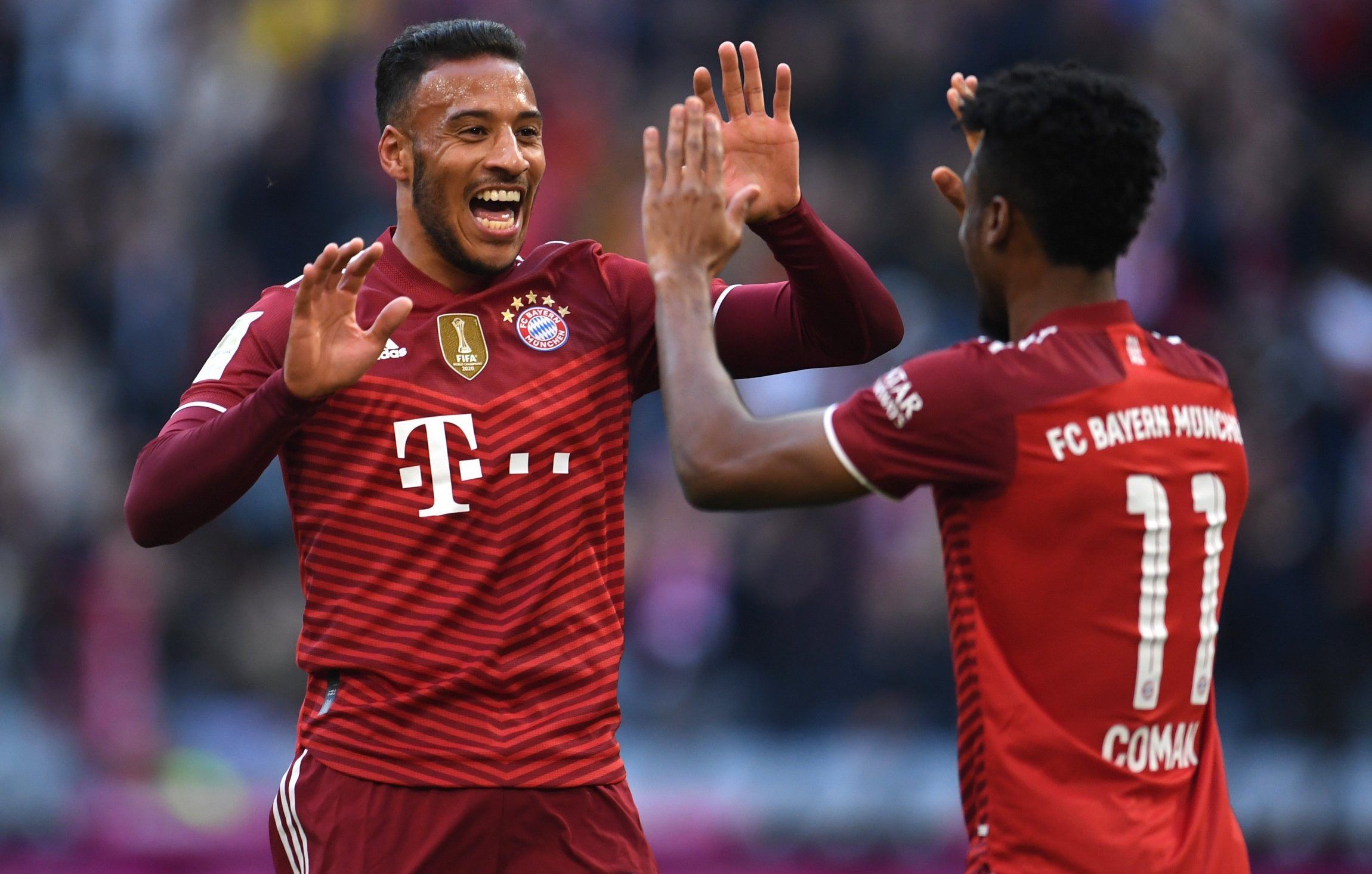Bayern Munich's Corentin Tolisso and Kingsley Coman celebrate goal against Hoffenheim in the Bundesliga