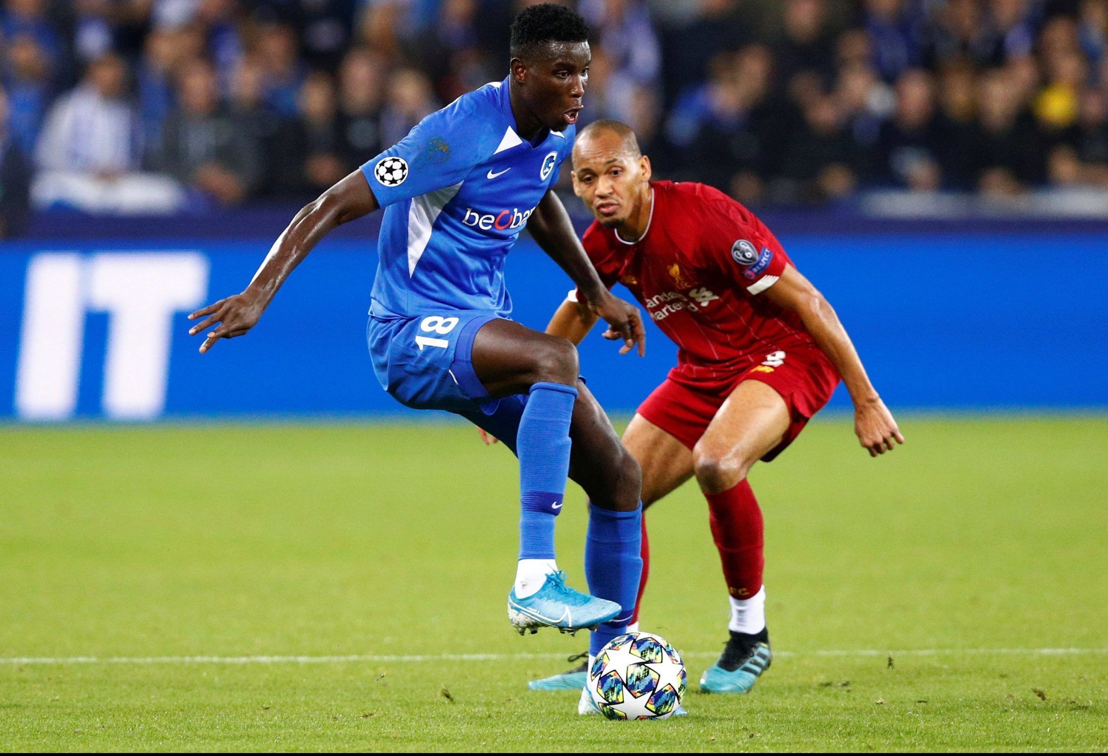 Genk striker Paul Onuachu in action against Liverpool in the Champions League