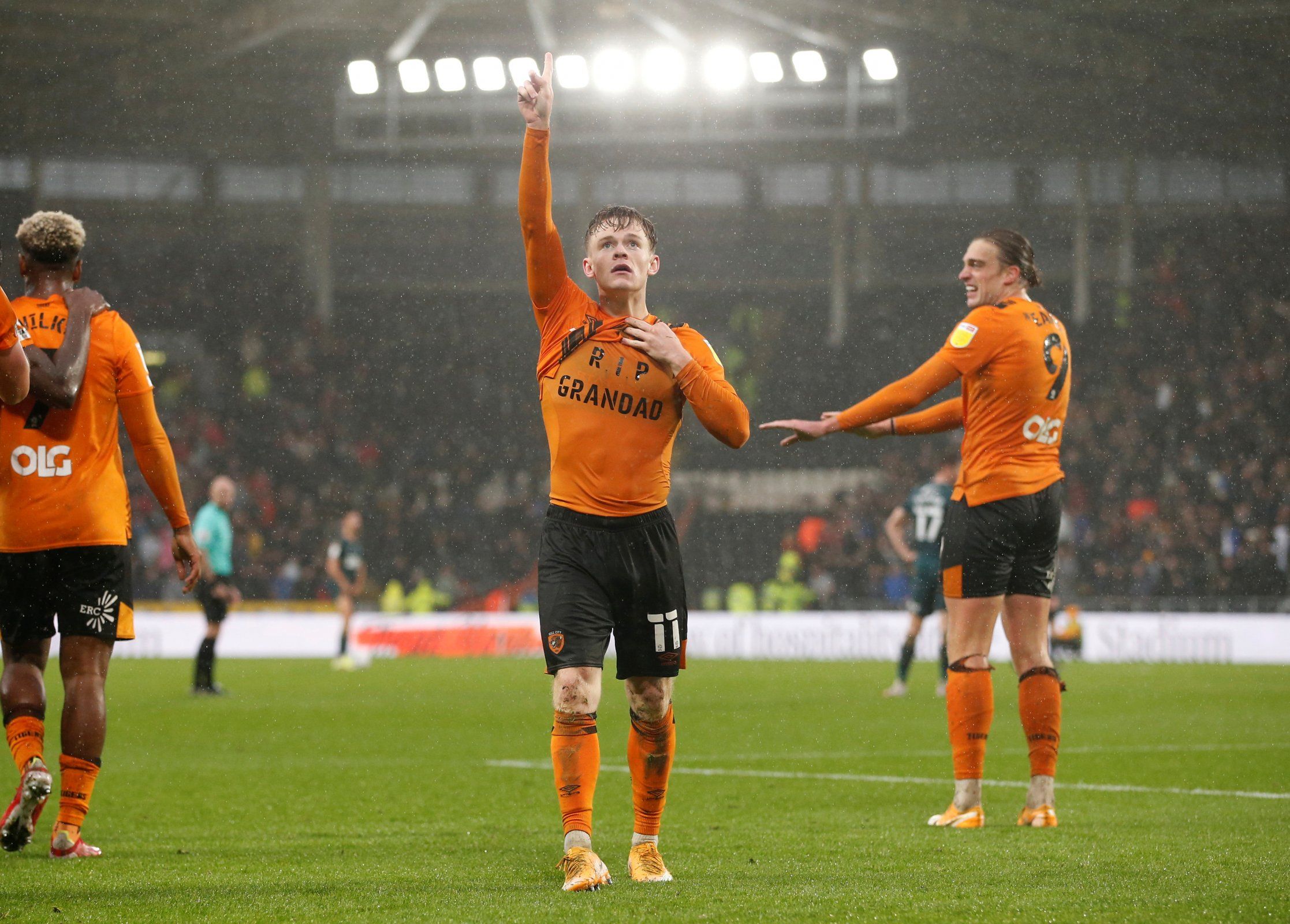 Hull City winger Keane Lewis-Potter celebrates against Middlesbrough in the Championship