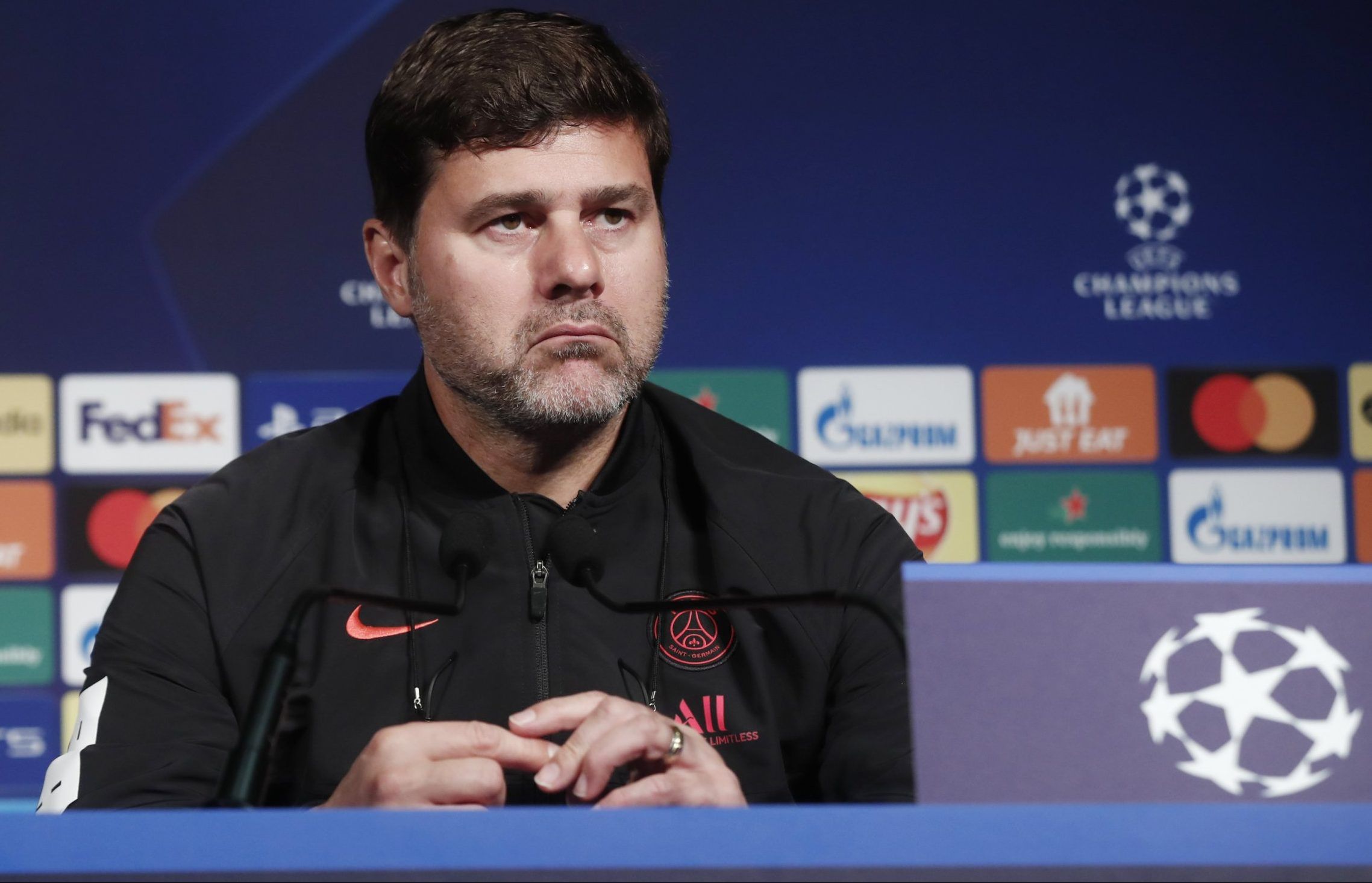 PSG manager Mauricio Pochettino looks on during press conference