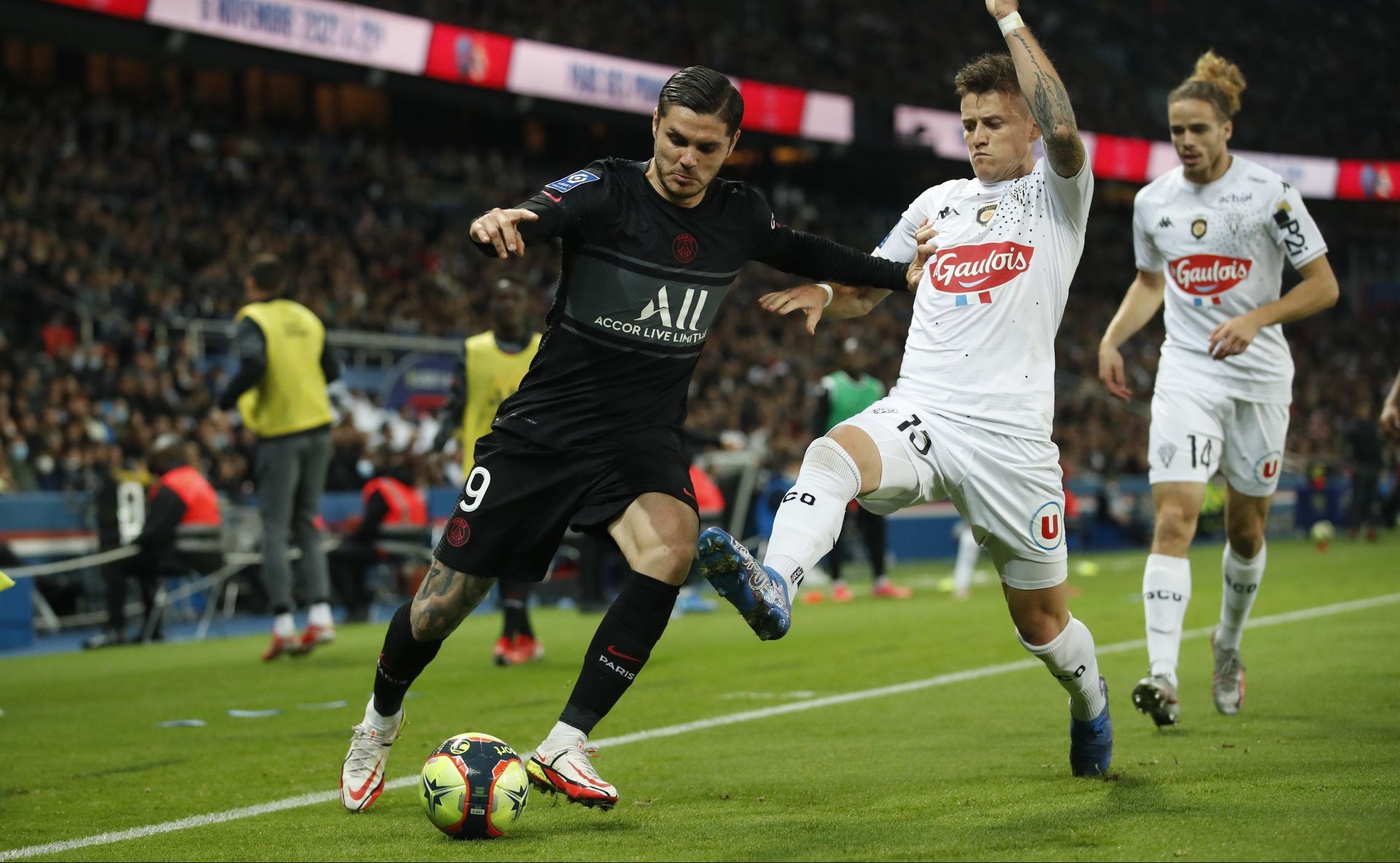 Paris Saint-Germain striker Mauro Icardi in action against Angers SCO in Ligue 1