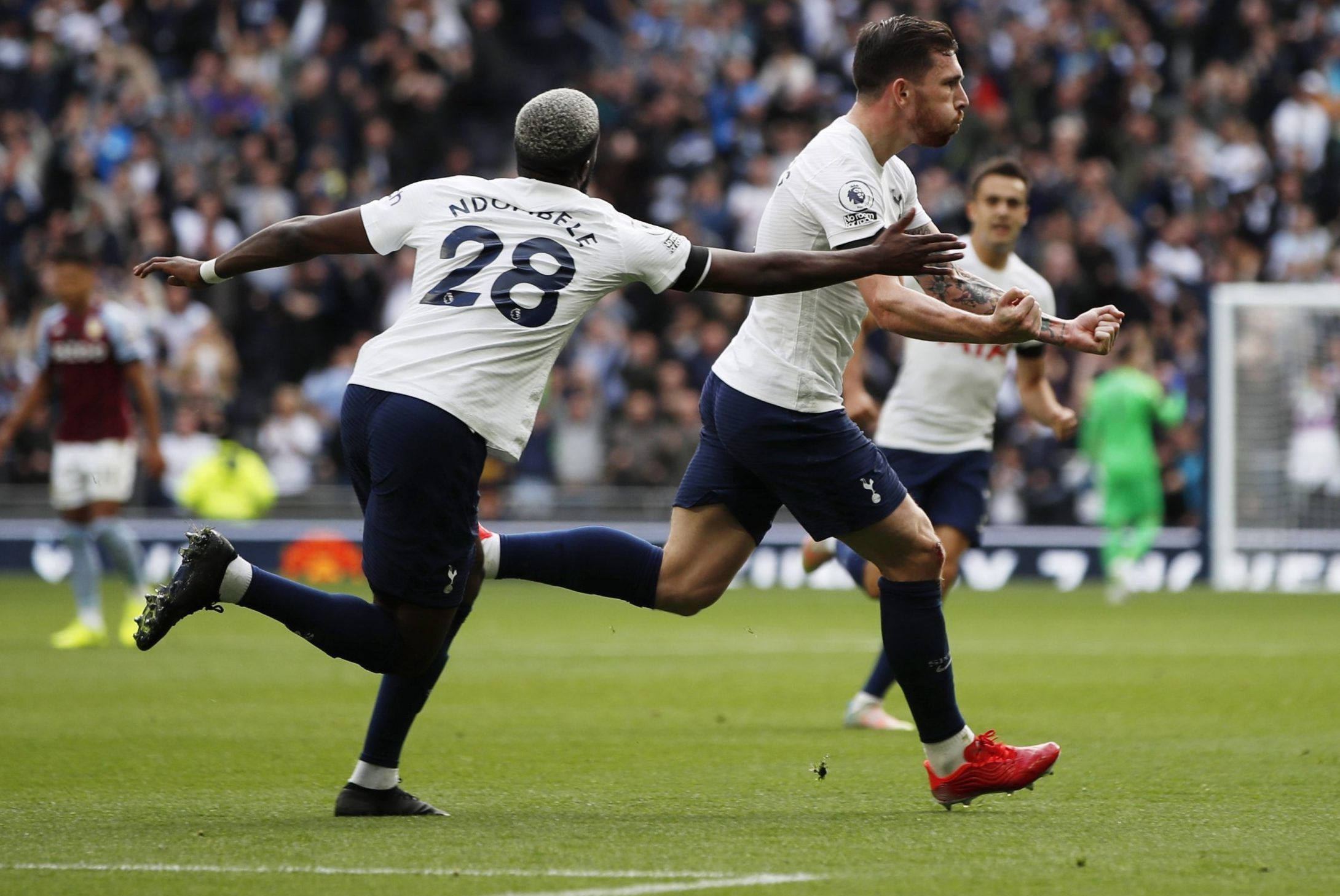 Spurs midfielder Pierre-Emile Hojbjerg celebrates scoring against Aston Villa in the Premier League