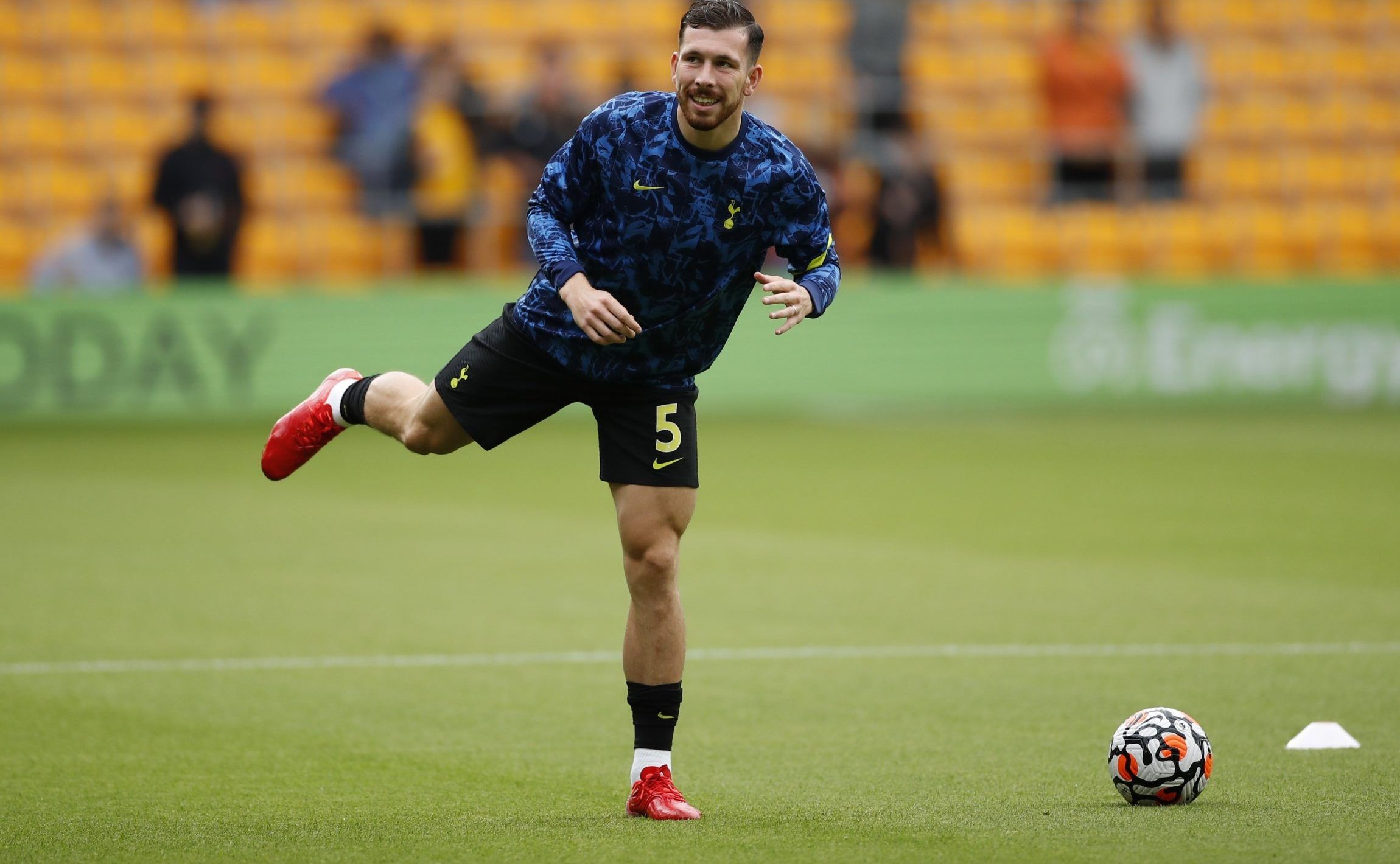 Spurs midfielder Pierre-Emile Hojbjerg during warm up against Wolves in the Premier League