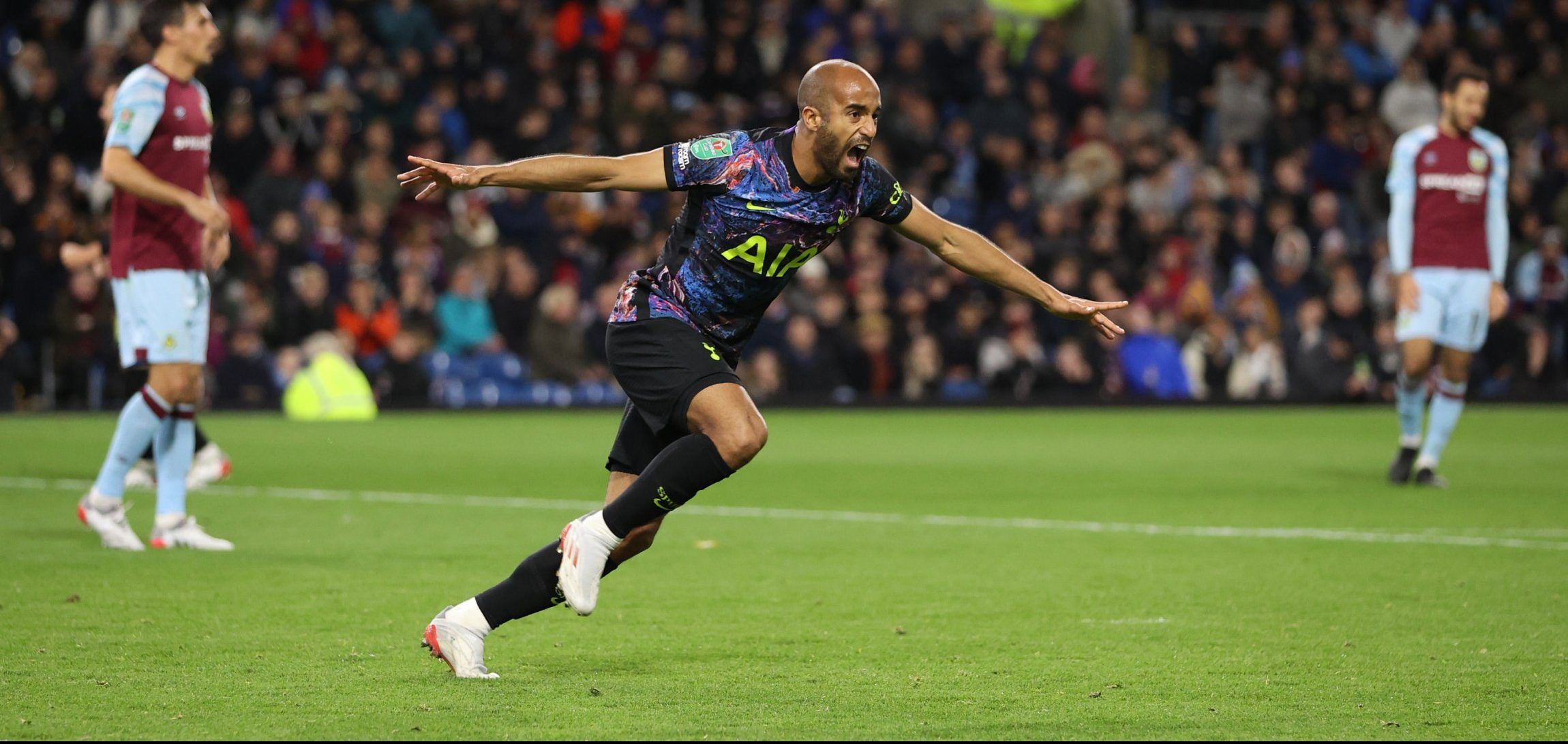 Spurs winger Lucas Moura wheels away in celebration after scoring against Burnley in the Carabao Cup