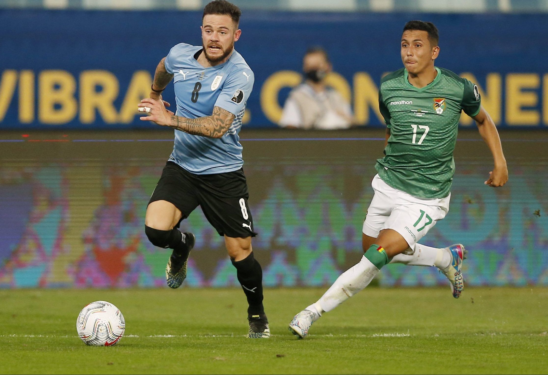Uruguay and Cagliari midfielder Nahitan Nandez in action against Bolivia in the Copa America