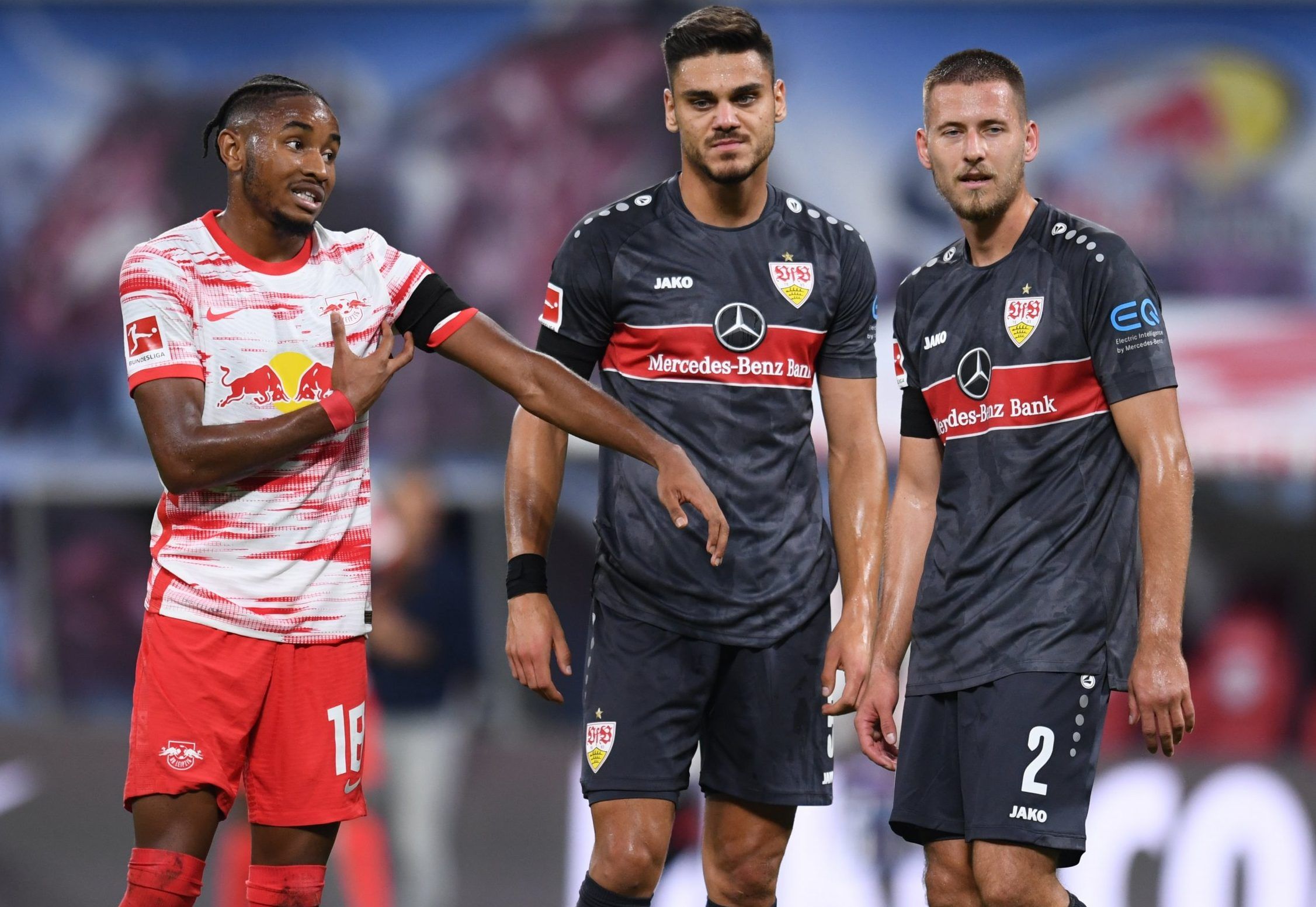 VfB Stuttgart loanee Konstantinos Mavropanos looks on during Bundesliga clash with RB Leipzig