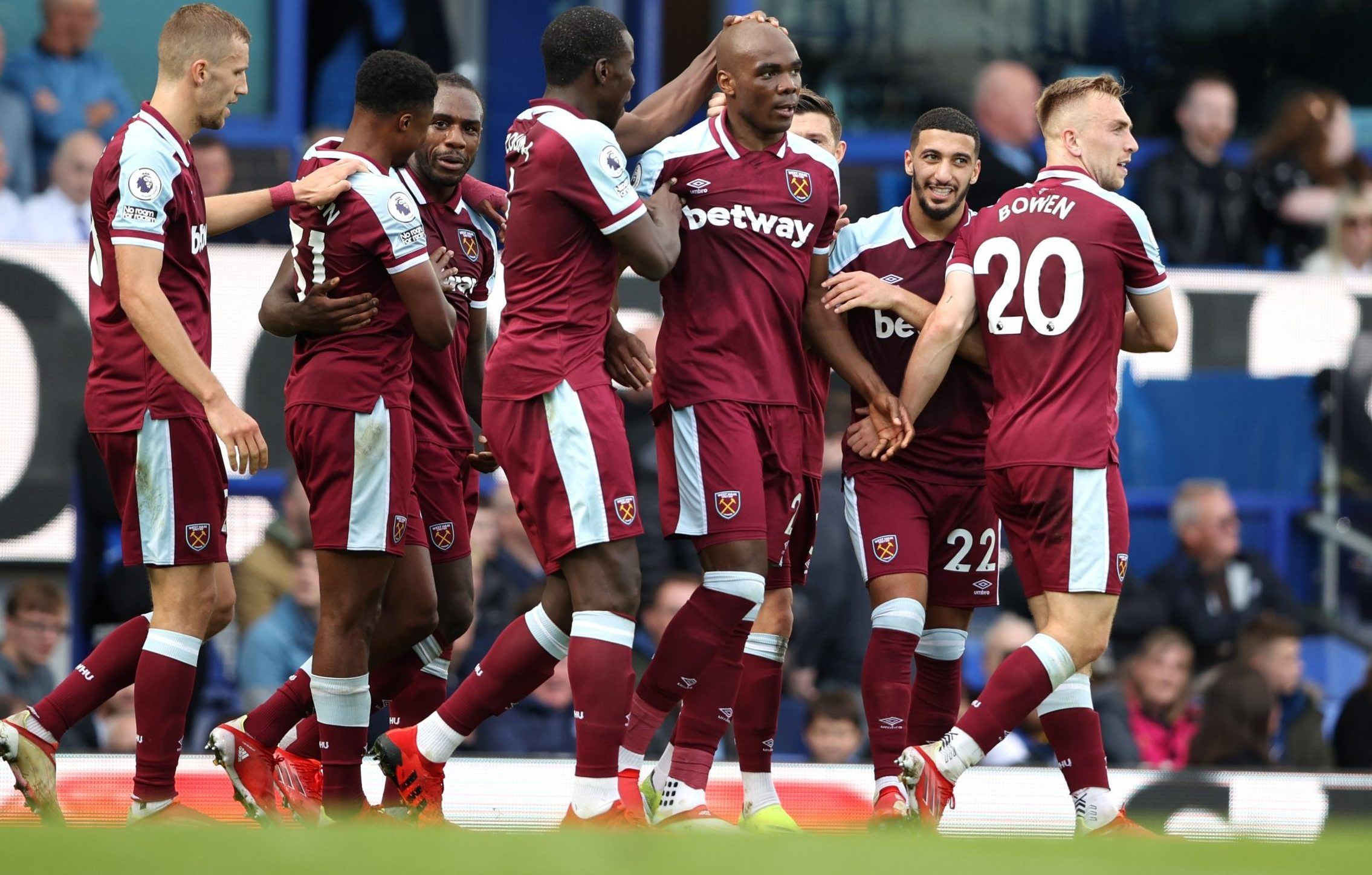 West Ham players celebrate Angelo Ogbonna's goal against Everton in the Premier League