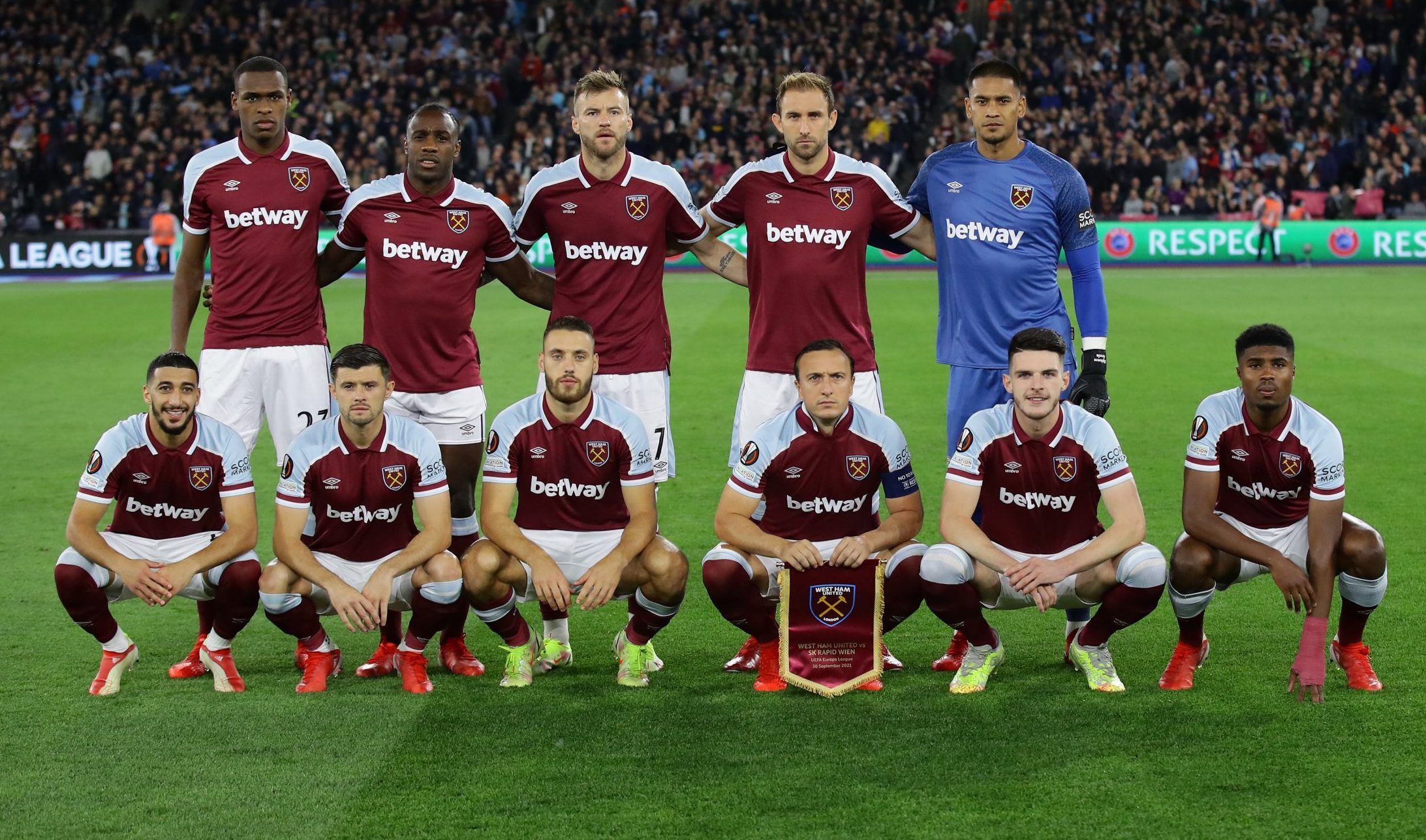 West Ham players lineup before Europa League clash with Rapid Wien at the London Stadium