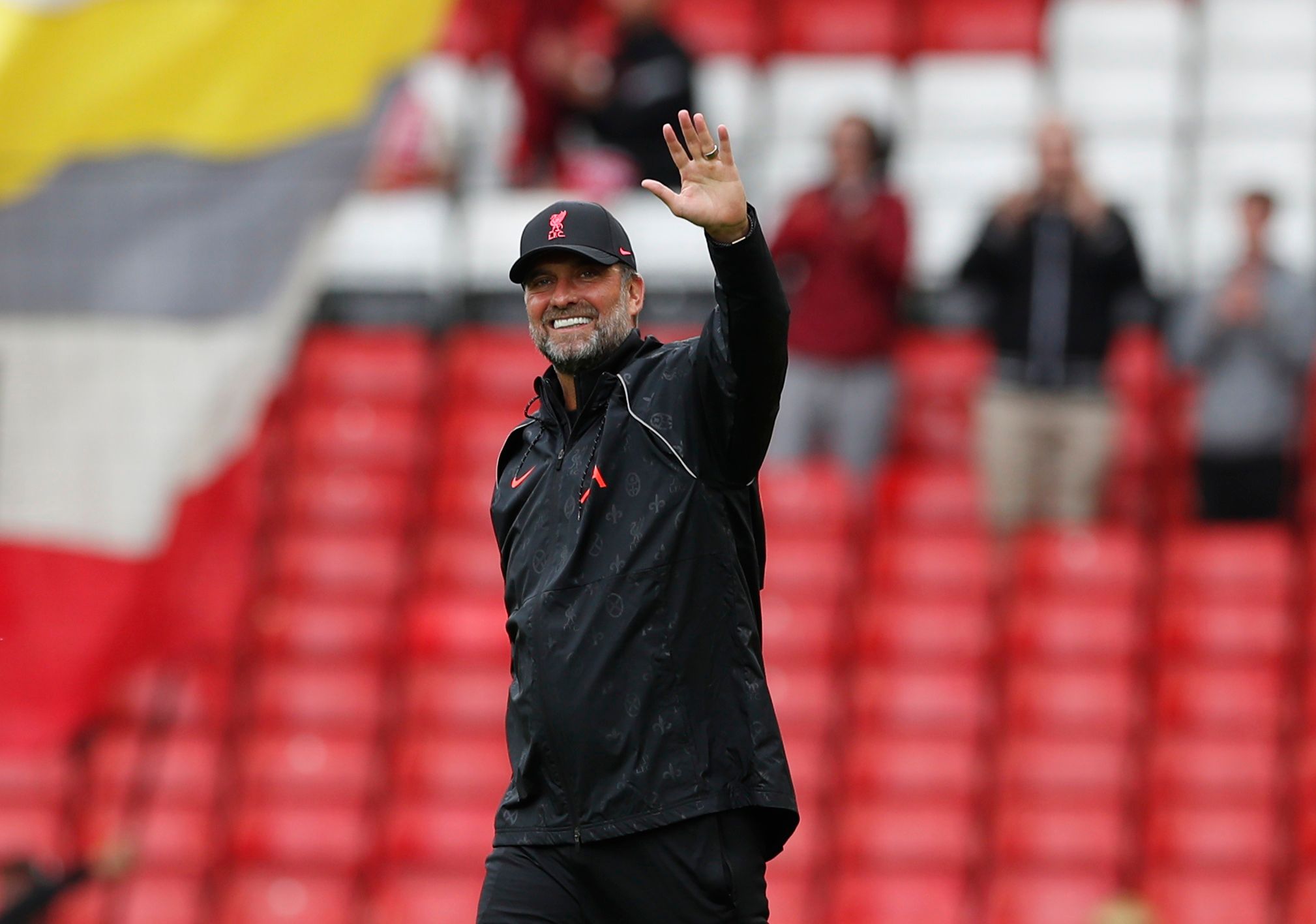 Soccer Football - Pre Season Friendly - Liverpool v Athletic Bilbao - Anfield, Liverpool, Britain - August 8, 2021  Liverpool manager Jurgen Klopp waves to the fans before the match Action Images via Reuters/Lee Smith