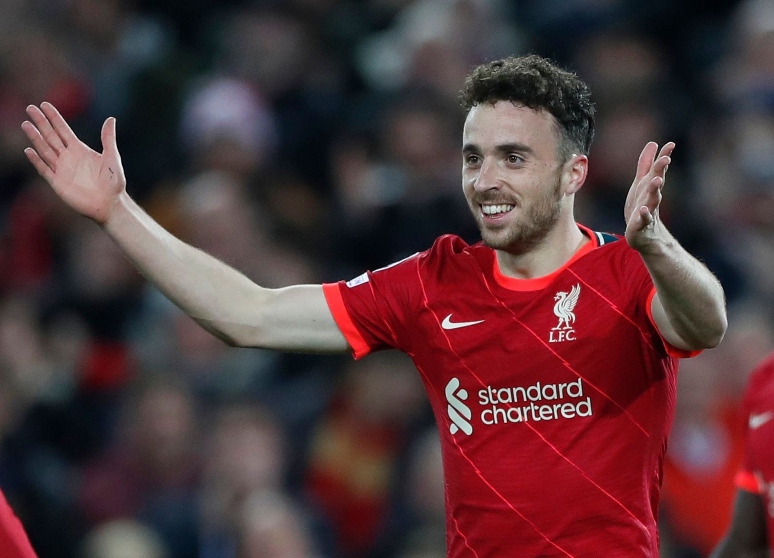 Soccer Football - Champions League - Group B - Liverpool v Atletico Madrid - Anfield, Liverpool, Britain - November 3, 2021 Liverpool's Diogo Jota celebrates scoring their first goal Action Images via Reuters/Lee Smith