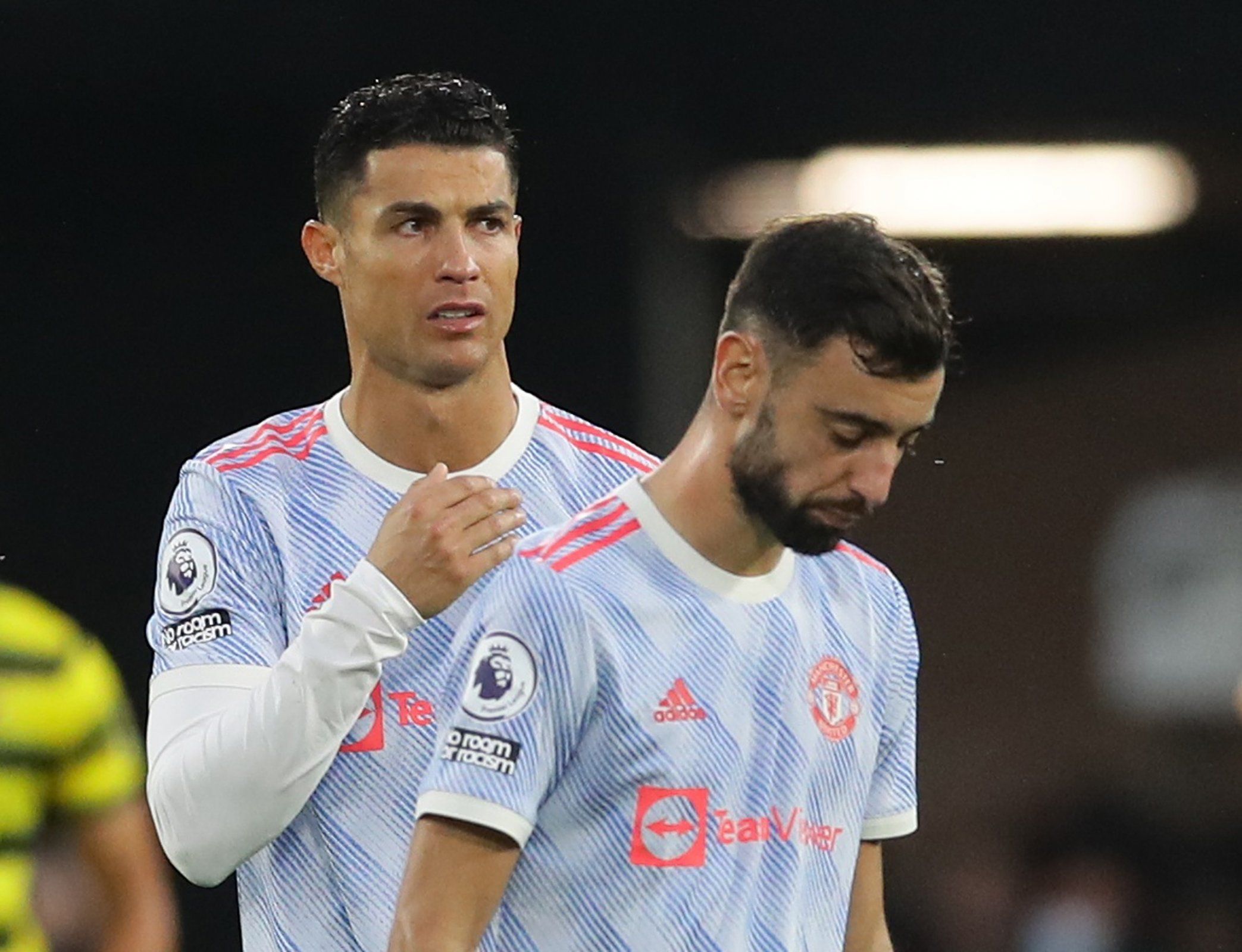 Manchester United players Cristiano Ronaldo and Bruno Fernandes