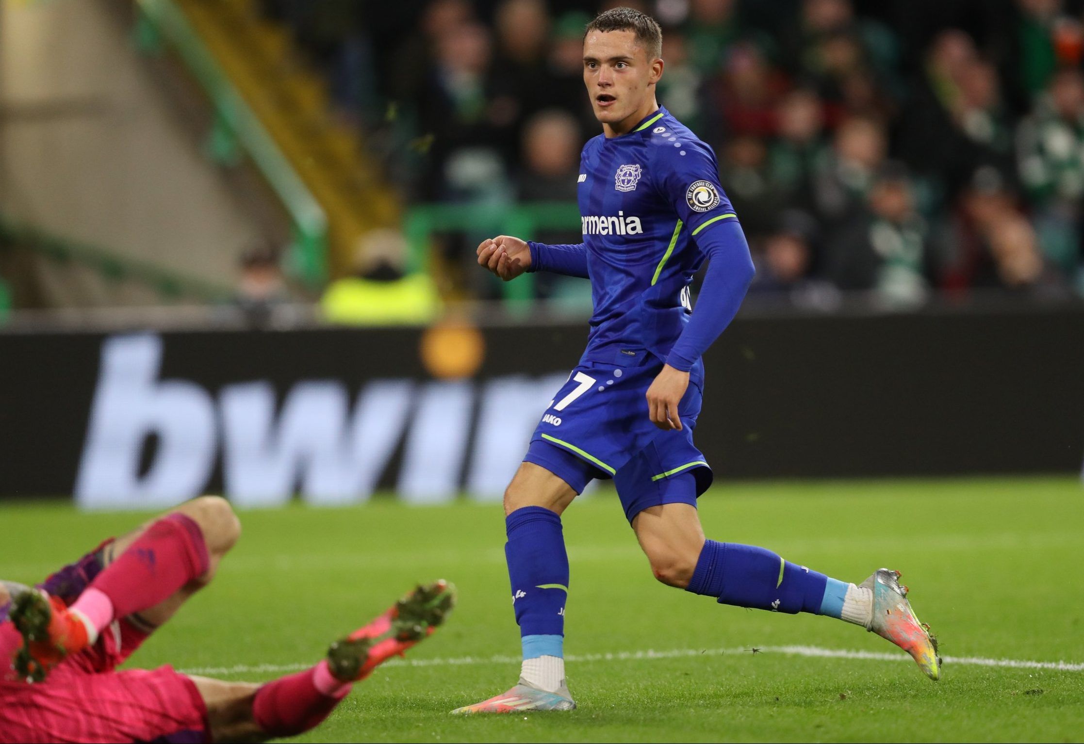 Bayer Leverkusen's Florian Wirtz scores against Celtic in the Europa League